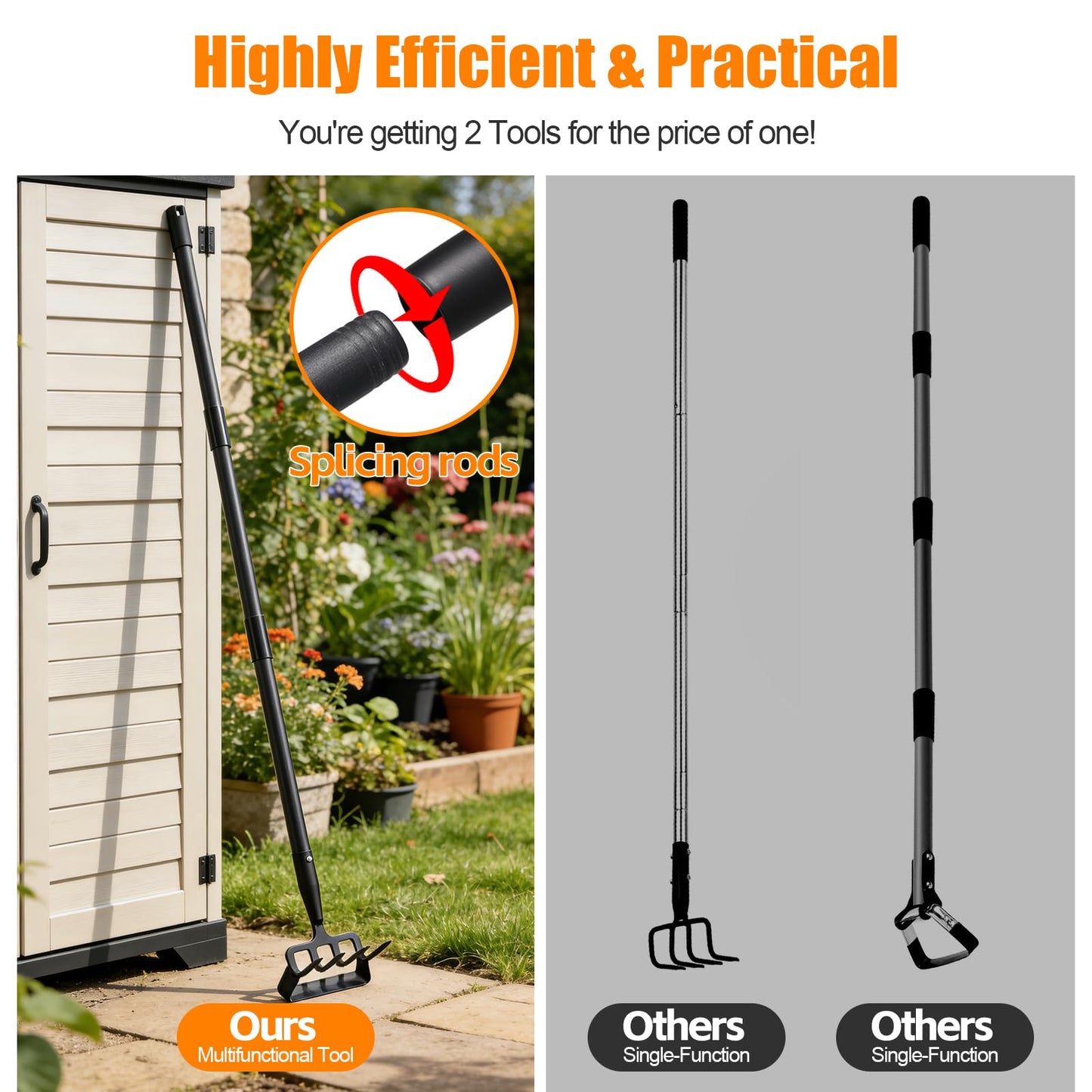 Garden Hoe, 62 Inch Weed Tool, Long Soil Tiller Cultivator, Heavy Duty Metal Stirrup Hoe Weeder Scraper Rake for Flower Beds, Patio, Garden Loosening Soil Weeding Digging