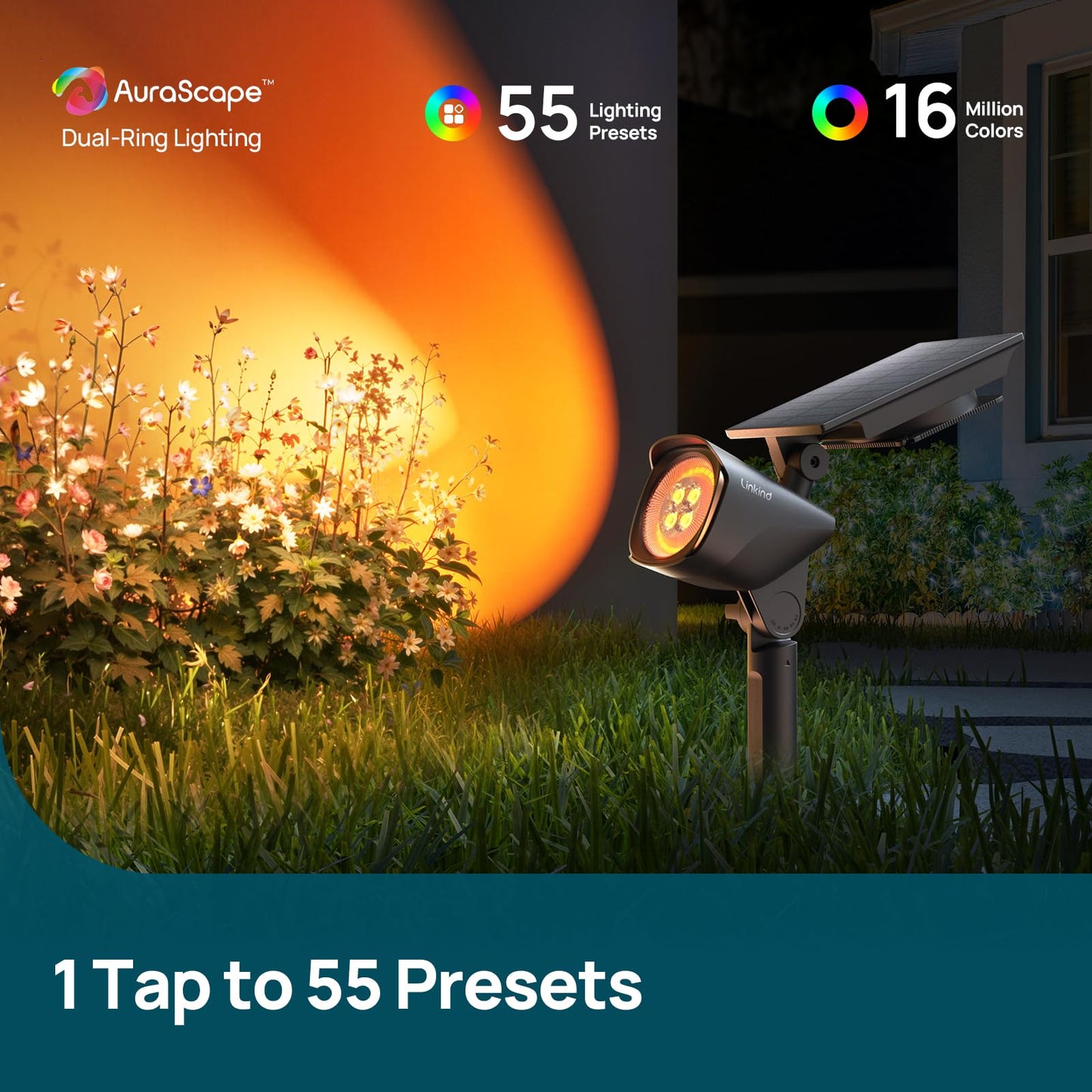 Linkind Smart Solar Lights Outdoor Waterproof SL6C, Dual-Ring Solar & USB Charging Solar Spotlights Outdoor Waterproof IP66, Color Changing Spot Light for Yard, Tree, Landscape, House, 4 Pack