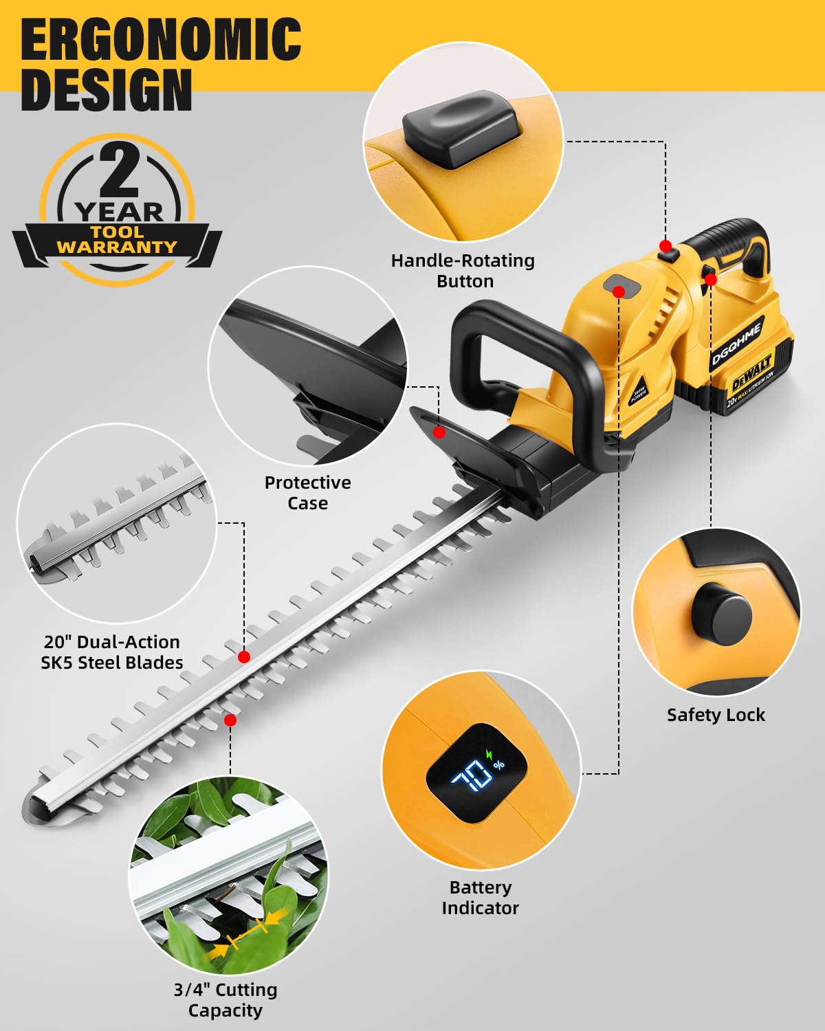DGQHME Cordless Hedge Trimmer, Compatible with Dw 20V MAX Battery, Lightweight Hedge Trimmers,3000RPM 180° Rotating Head,3/4" Blade Gap(Battery Not Included)