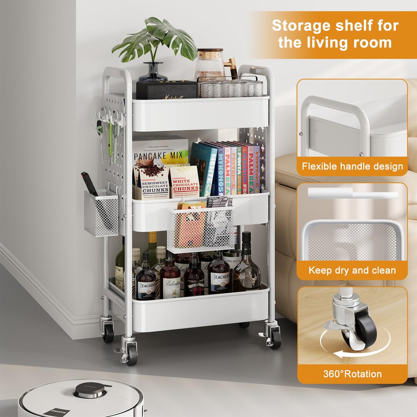 3 Tier Rolling Cart Metal with DIY Pegboard, White Utility Cart with Lockable Wheels, Three Tiered Craft Cart Organizer on Wheel, Utility Roller Storage Carts for Art, Baby Diaper Caddy, Snack, Book