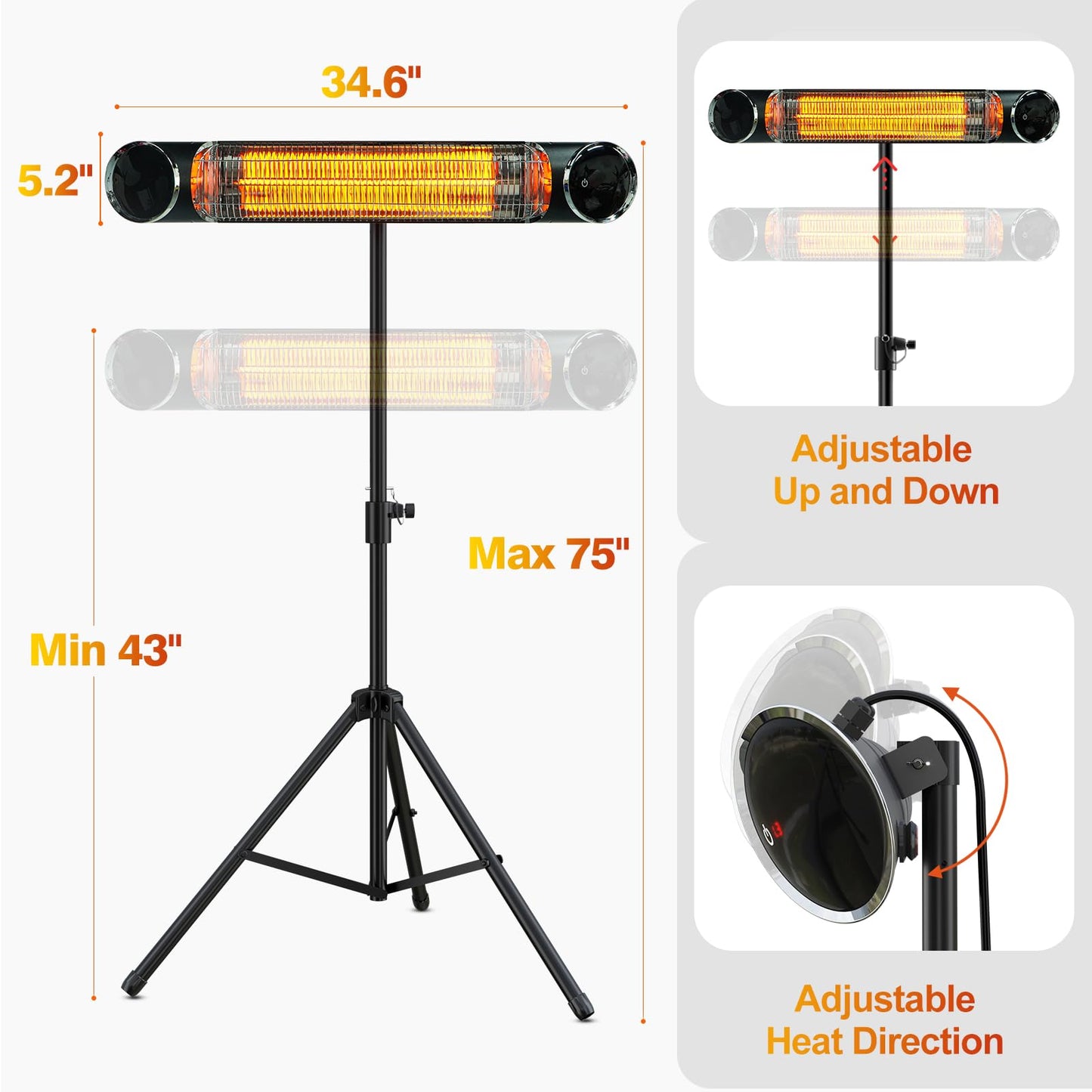 Outdoor Electric Heater, Infrared Patio Heater for Outdoor/Indoor Use, Wall Mounted/Freestanding Infrared Heater Outdoor, 1500W Electric Patio Heater with Tripod, MATT BLACK
