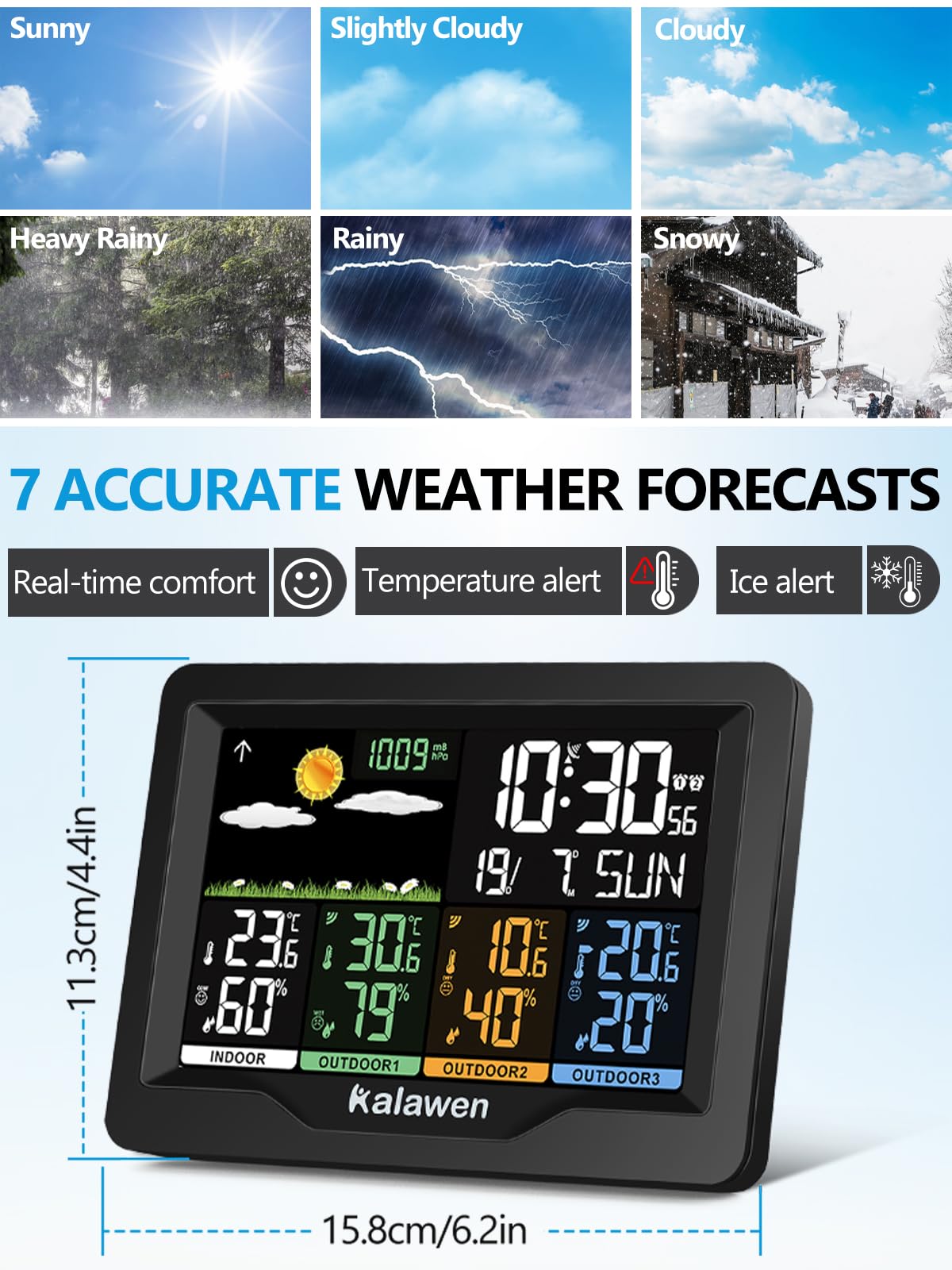 Kalawen Weather Station Wireless Indoor Outdoor Thermometer Digital with Atomic Clock, Barometric Pressure, Forecast Station with USB Port Thermometer Wireless Humidity Barometer Monitor