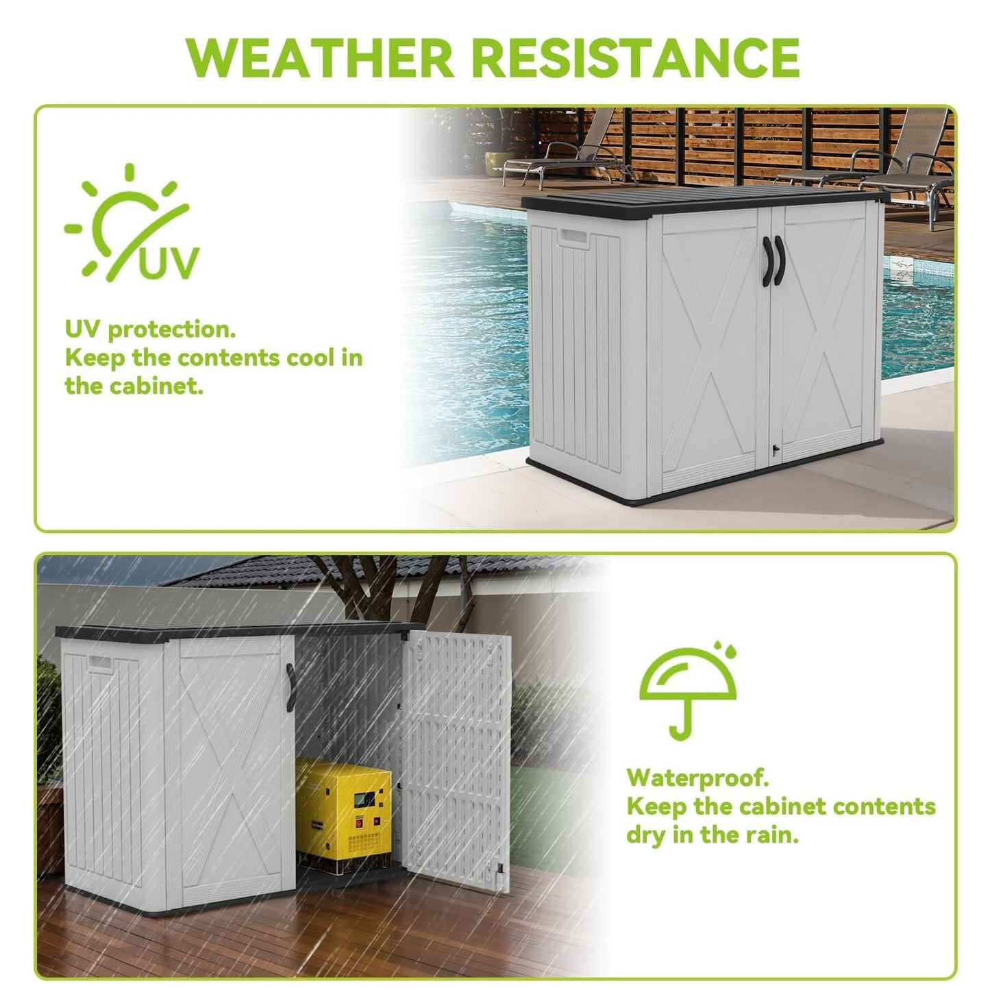 Devoko 26 Cu Ft Plastic Outdoor Storage Shed, Horizontal Resin Storage Cabinet with Lockable Door, Water-Resistant Backyard Storage Box for Garden Patio, White, Shelf Not Included