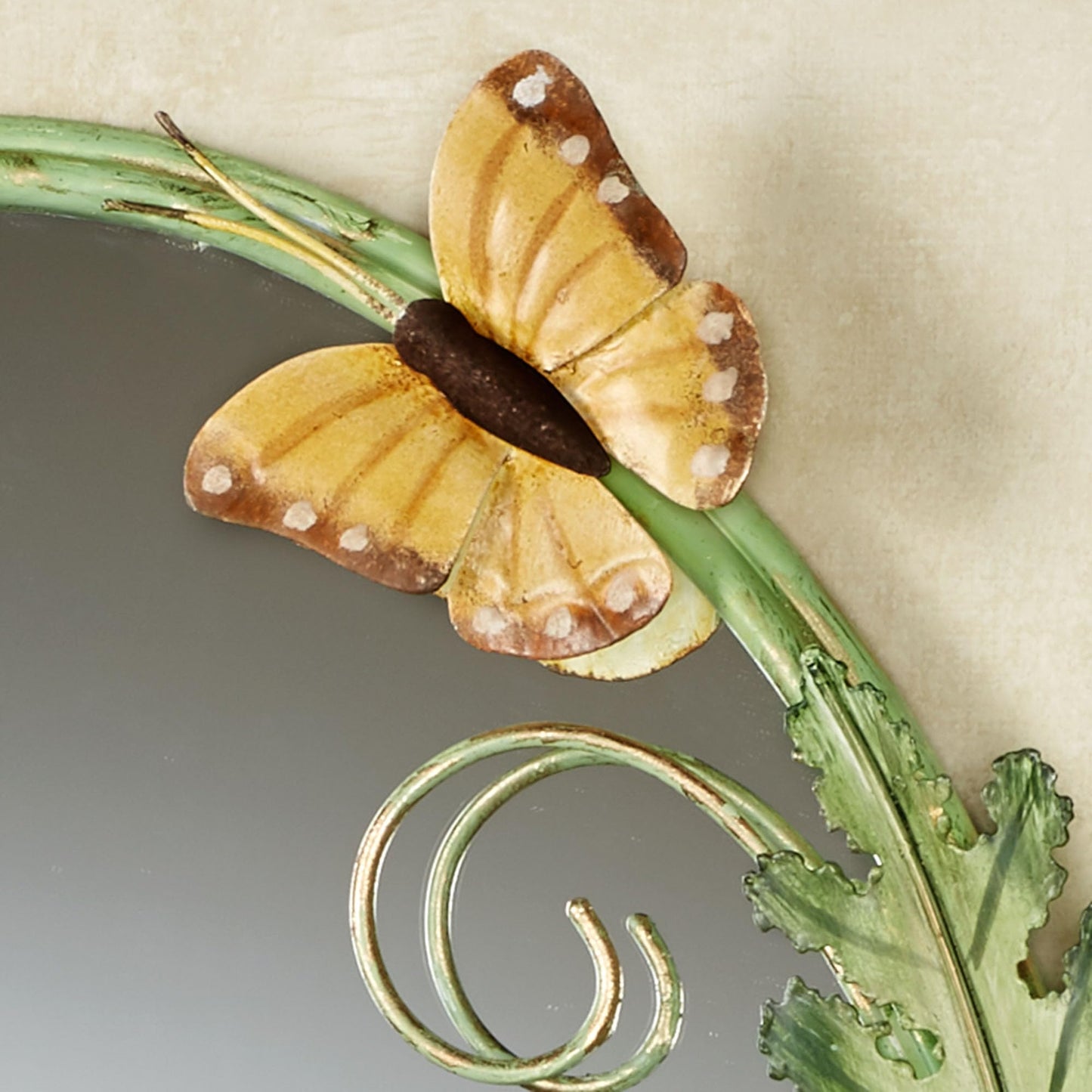 Butterfly Song Decorative Oval Wall Mirror | Designed by Joanne Ferrara | Handcrafted Metal Mirrored Artwork | Handpainted Green, Gold, and Golden Yellow Earth-Toned Butterflies, Leaves, & Fern Plants