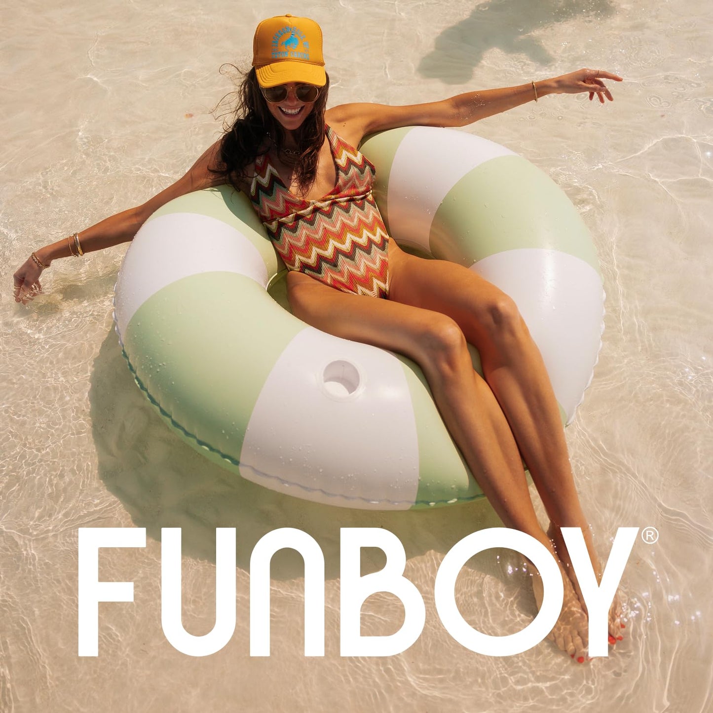 FUNBOY Giant Vintage Green Stripe Inflatable Tube Pool Float with Cup Holder 48" | Large Pool Float for Adults | Inner Tube Swimming Pool Toys Swim Rings | Pool Lounger Float for Pool Party & Summer