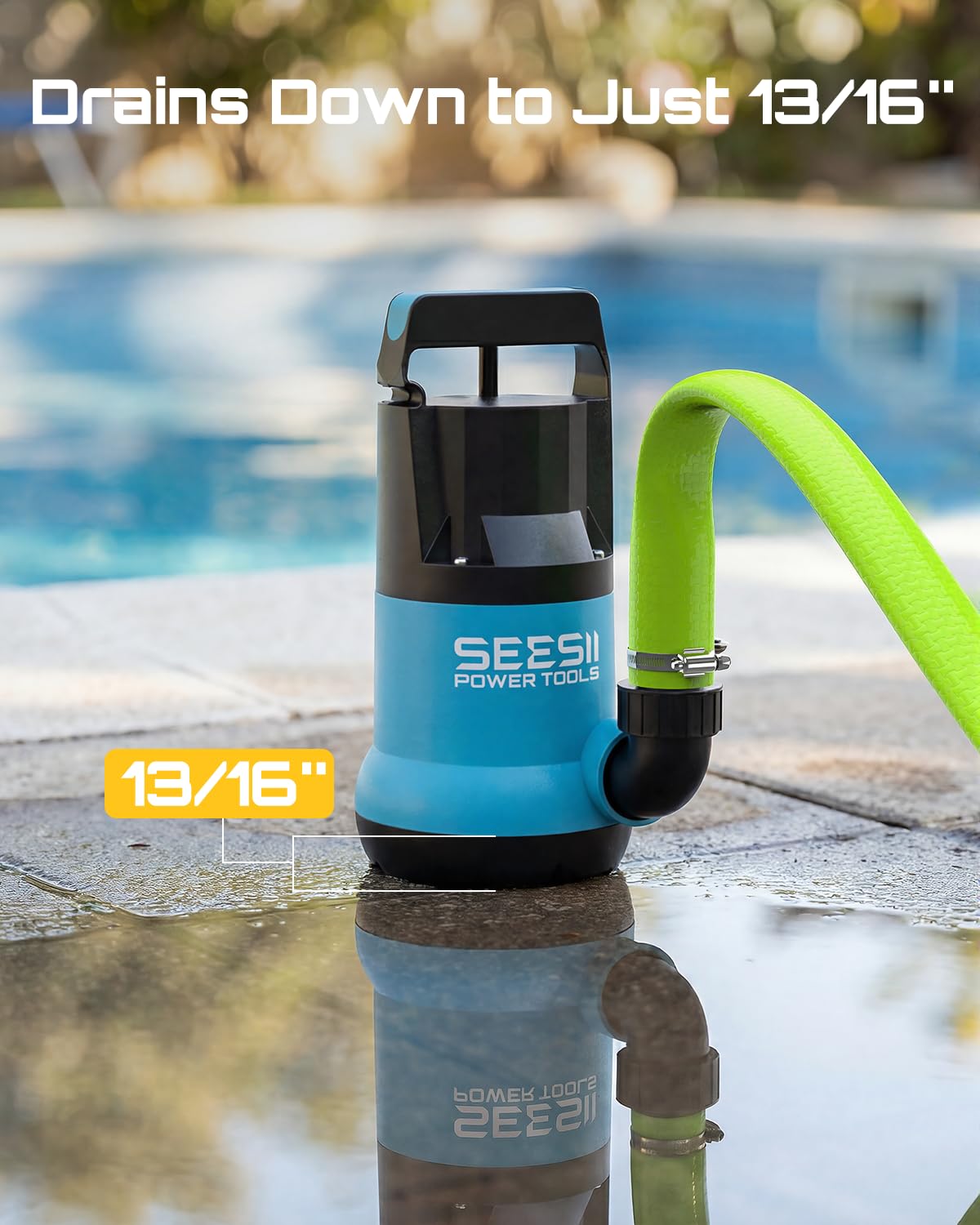 SEESII 1HP Submersible Water Pump, 4755GPH High Flow Sump Pump with 23ft Hose Kit, Anti-Clogging Filter Net for Swimming Pool Hot Tub Pond Basement Rooftop Garden Water Removal