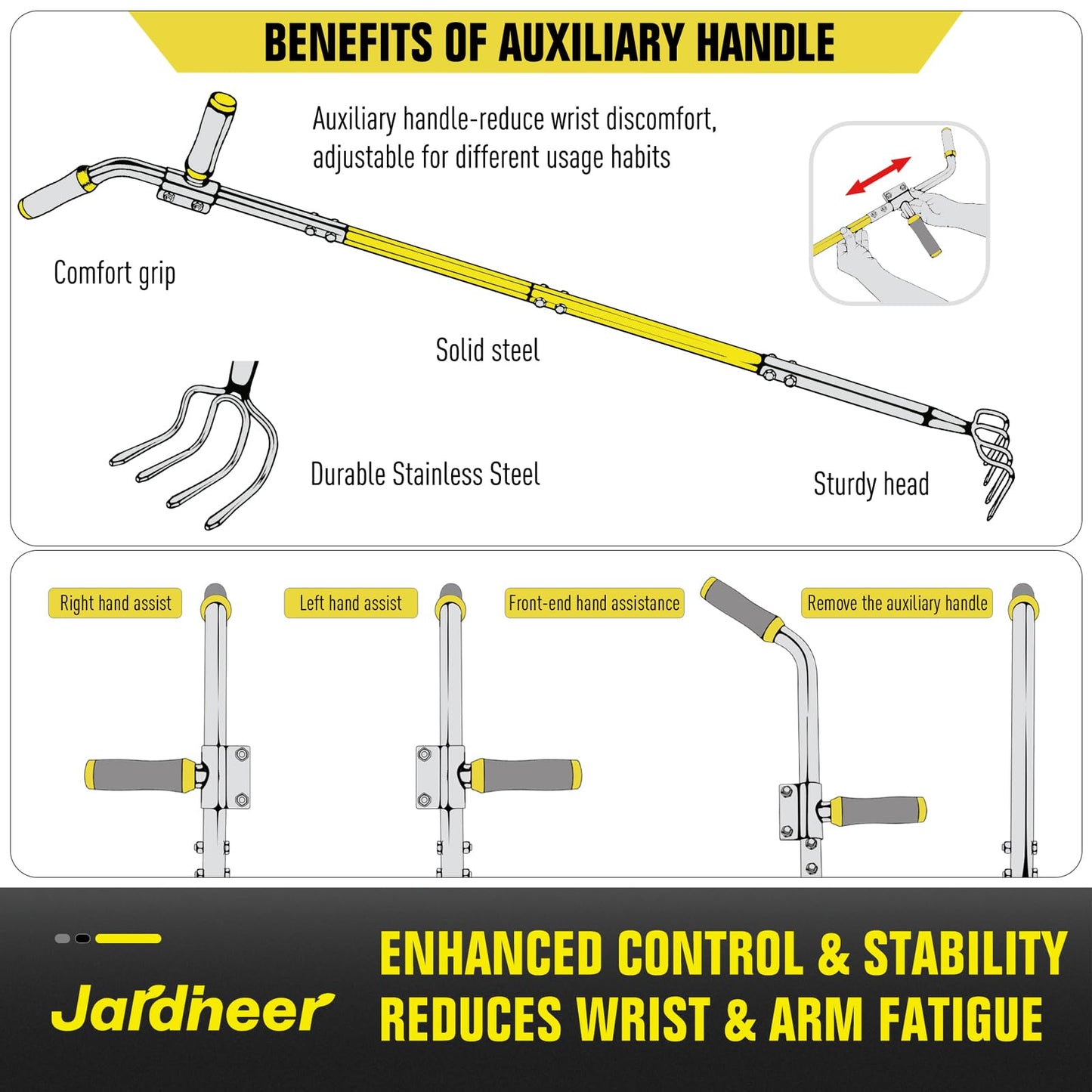 Jardineer 4-Tine Cultivator Rake with Auxiliary Handle, Garden Cultivator Long Handle, Hand Tiller Tool for Gardening Digging Loosening Weeding