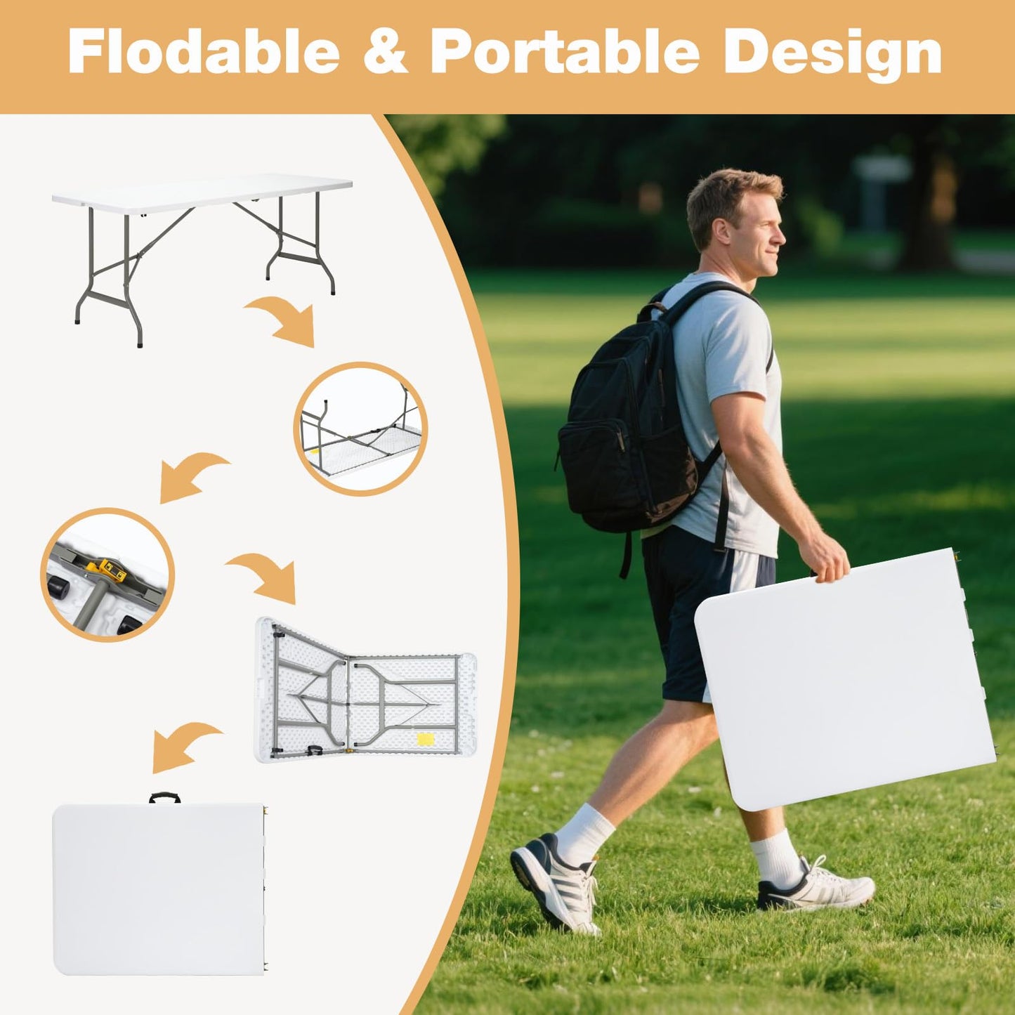 GlowitLian Folding Table 6ft, Heavy-Duty 500lbs Weight Capacity Foldable Table with HDPE Top & Steel Legs, Portable 6 Foot Picnic Table for Indoor Outdoor Parties, Camping, Event
