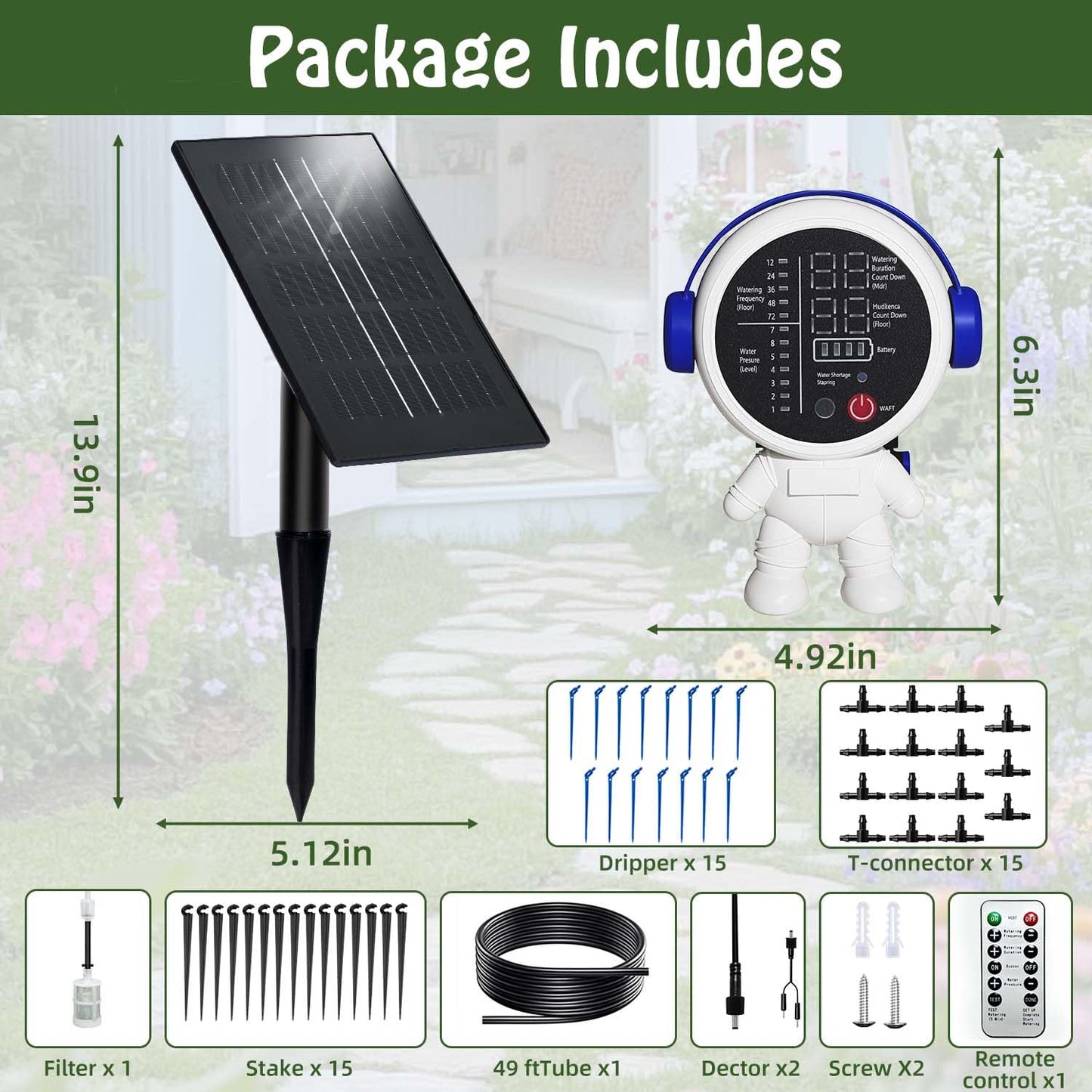 BEMTTALY Solar Drip Irrigation System for Garden/Outdoor/Indoor, Garden Solar Automatic Watering System for 15 Potted Plants, Vacation Automatic Plant Waterer Outdoor with 2500mAh Battery, 50Ft Tube