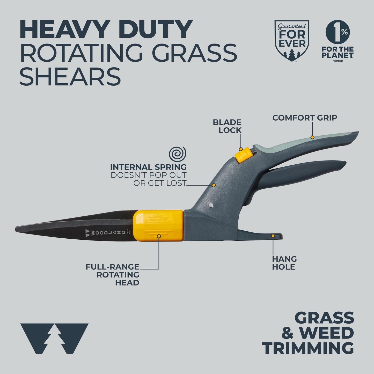 Woodland Tools Heavy Duty Rotating Grass Shears – 180 Degree Pivoting Head, Non Stick Steel Blades, Ergonomic Grip, Manual Grass Clippers for Trimming Around Beds, Walkways, and Edges
