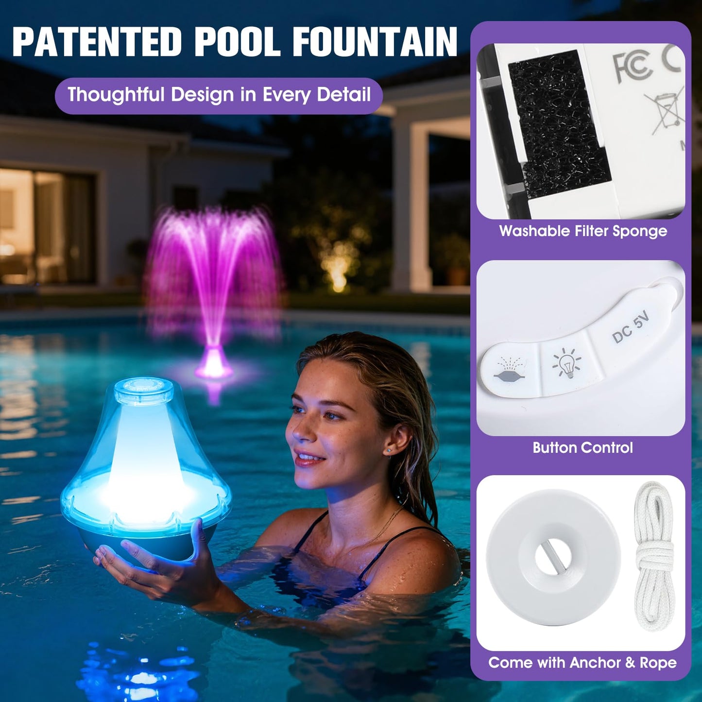2026 Pool Fountain with Remote,Rechargeable Floating Pool Fountains with 10 Light Show,Pool Water Fountain Pump with Anchor,3 Spray Modes Swimming Pool Fountains for Inground Above Ground Pool-White