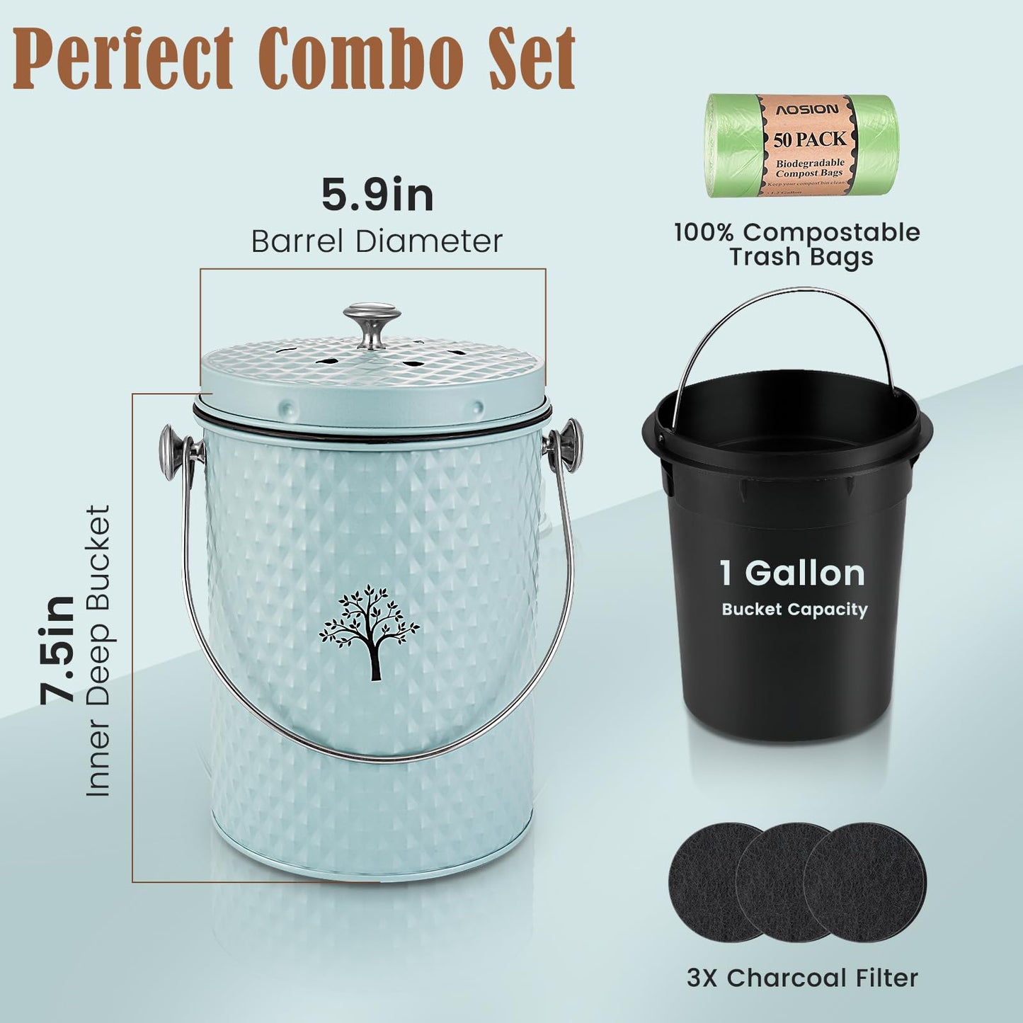 AOSION Countertop Compost Bin Kitchen,Odor Resistant Indoor Compost Bin with Lid and Compost Bags,Compost Bucket Composter Container for Food Waste,Blue