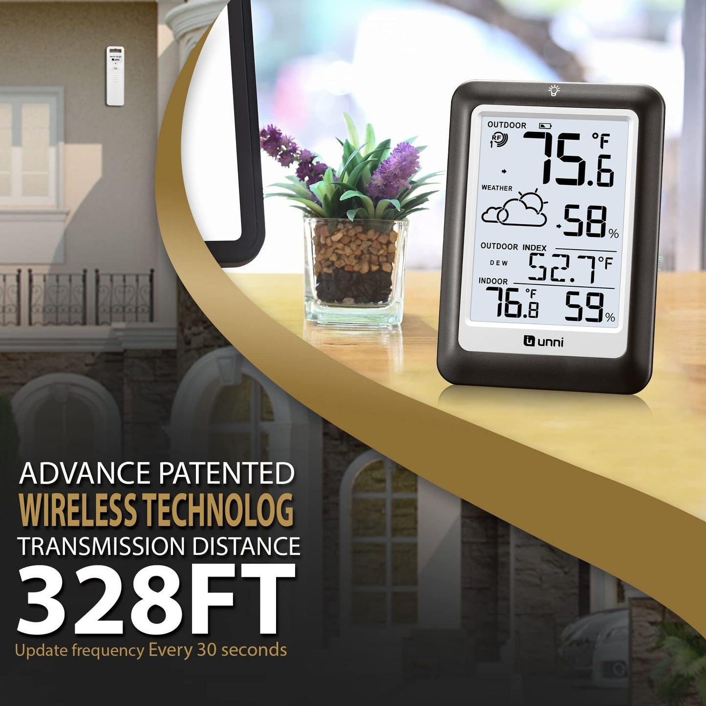 Indoor Outdoor Thermometer Wireless Weather Station, Temperature Humidity Monitor Battery Powered Inside Outside Thermometers with 330ft Range Remote Sensor and Backlight Display(Metal Black)