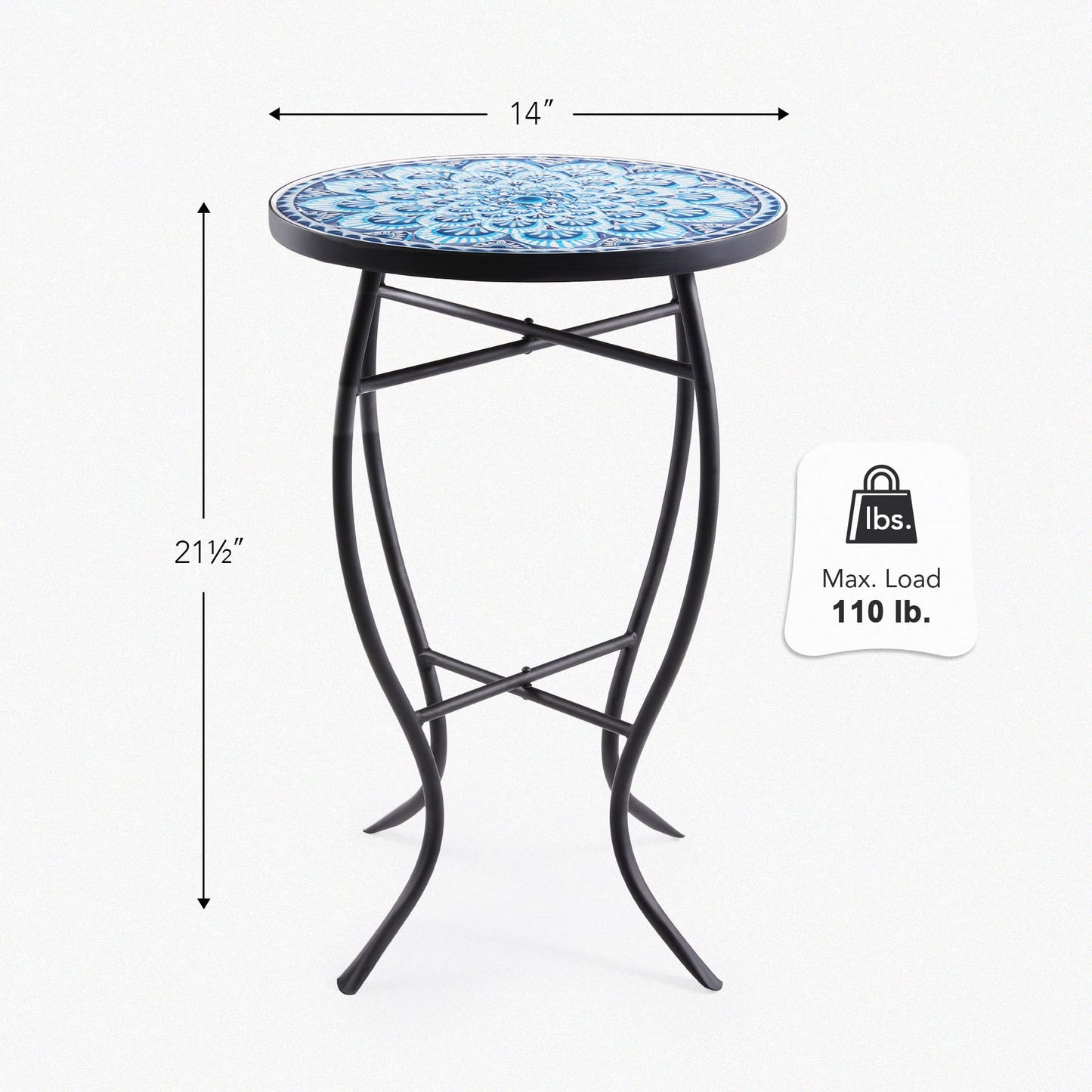 VONLUCE Mosaic Side Table and Plant Stand, 21" Round End Table with 14" Ceramic Tile Top, Indoor & Outdoor Accent Table, Porch Patio Furniture, Entryway & Coffee Table for Home & Garden, Blue Mandala