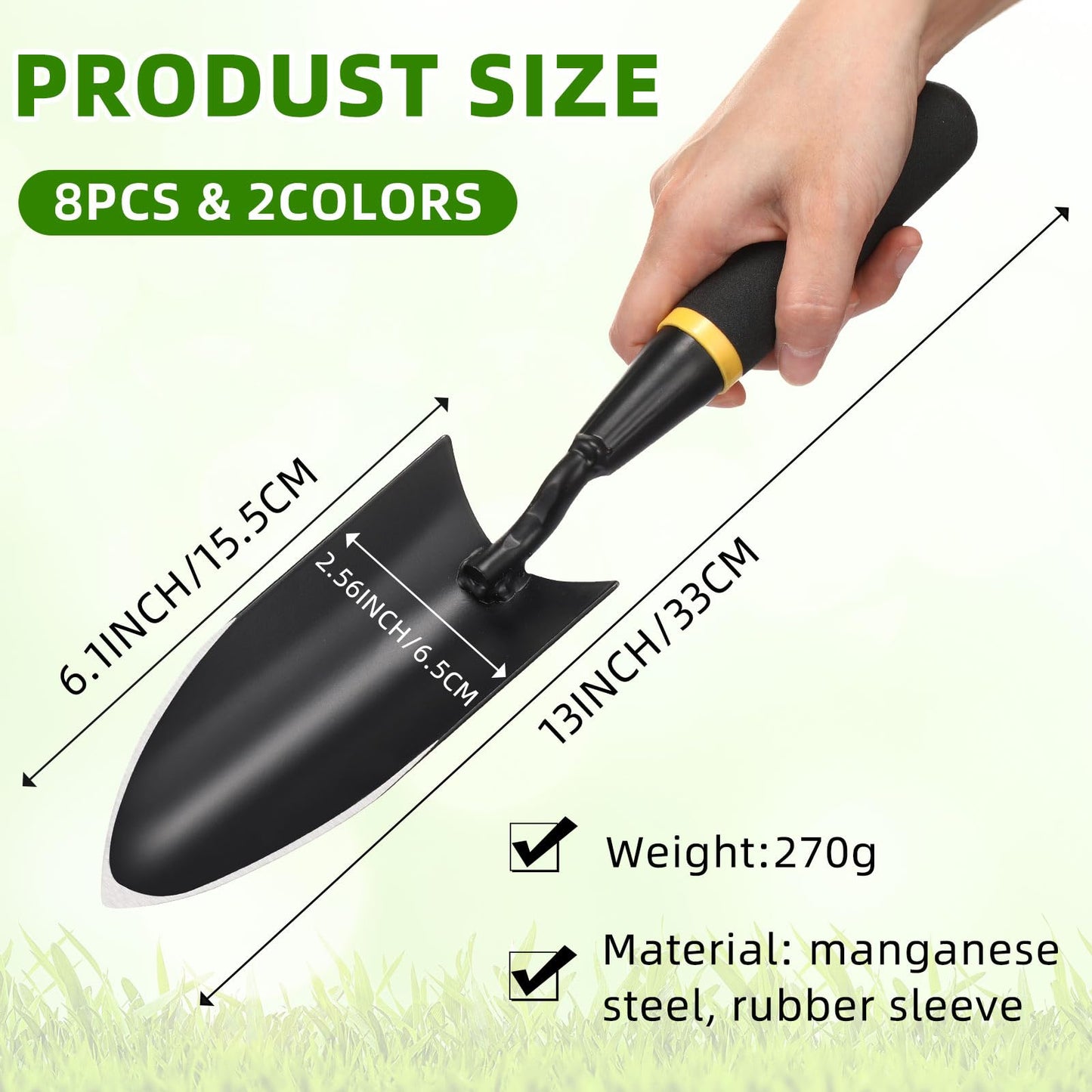 Leriton 8 Pcs Garden Hand Trowel Heavy Duty Carbon Steel Garden Shovels Tools with Resin Rubberized Handle for Camping, Digging, Soil Planting, Transplanting, Lawn Yard Farm (Narrow Shovels)