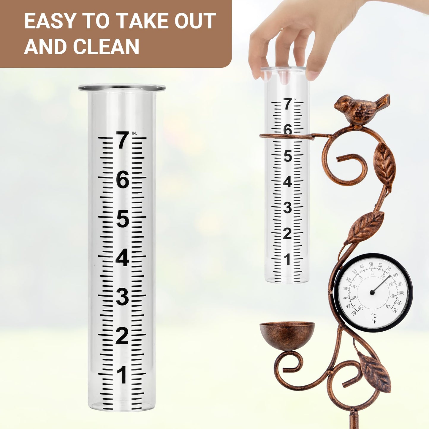 32" Garden Rain Gauge with Thermometer - 7" Glass Tube for Outdoor Indoor Use, Patio Yard Decor Statue
