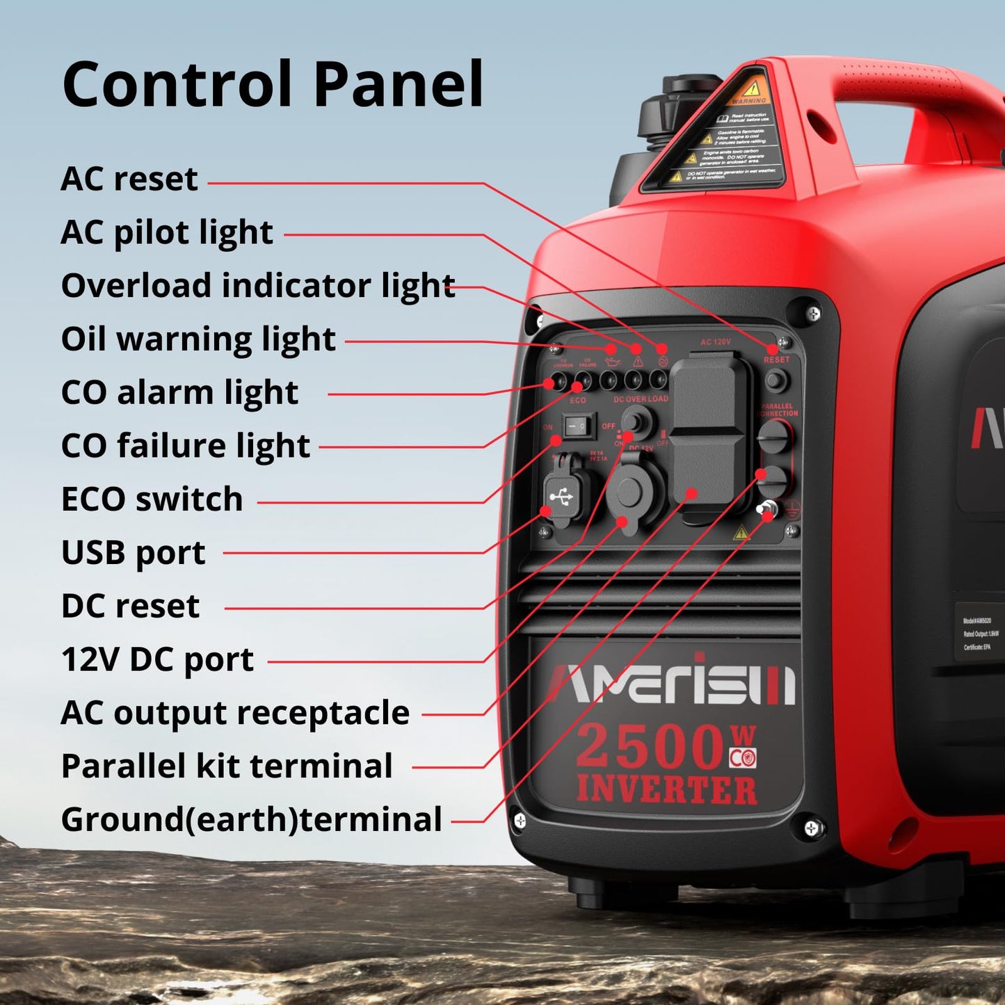 AMERISUN 2500W Portable Inverter Generator, Gas Powered Generator with CO Sensor, 11H Runtime, 120V AC/12V DC/USB, Quiet, Lightweight for Outdoor, Home Backup, RV, Camping & Emergency Power