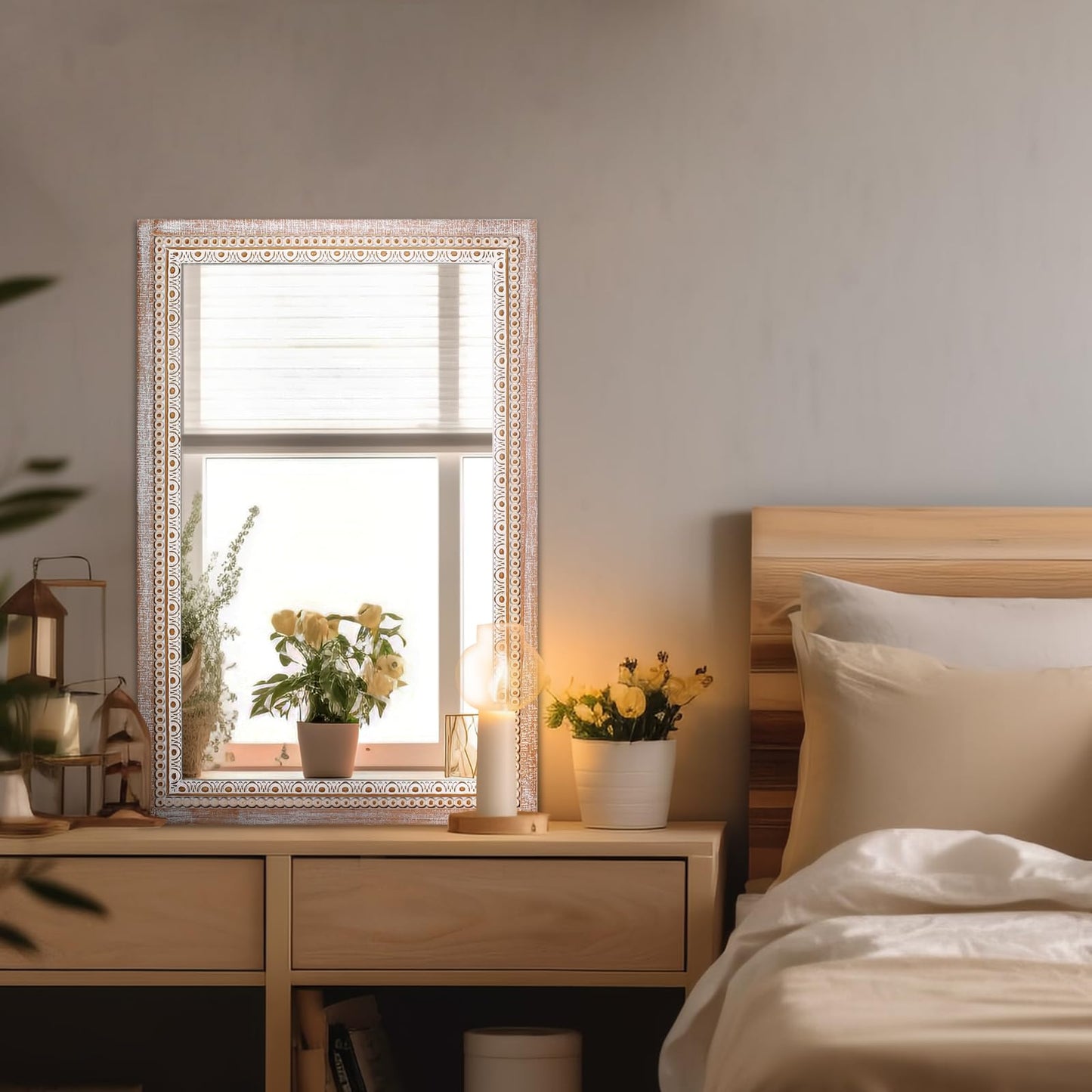 36x24 Inch Rustic Farmhouse Rectangle Bathroom Mirror Decorative, Boho Wooden Rectangular Mirrors for Wall Decor, Over Sink, Living Room, Entryway - Horizontal/Vertical Mounting