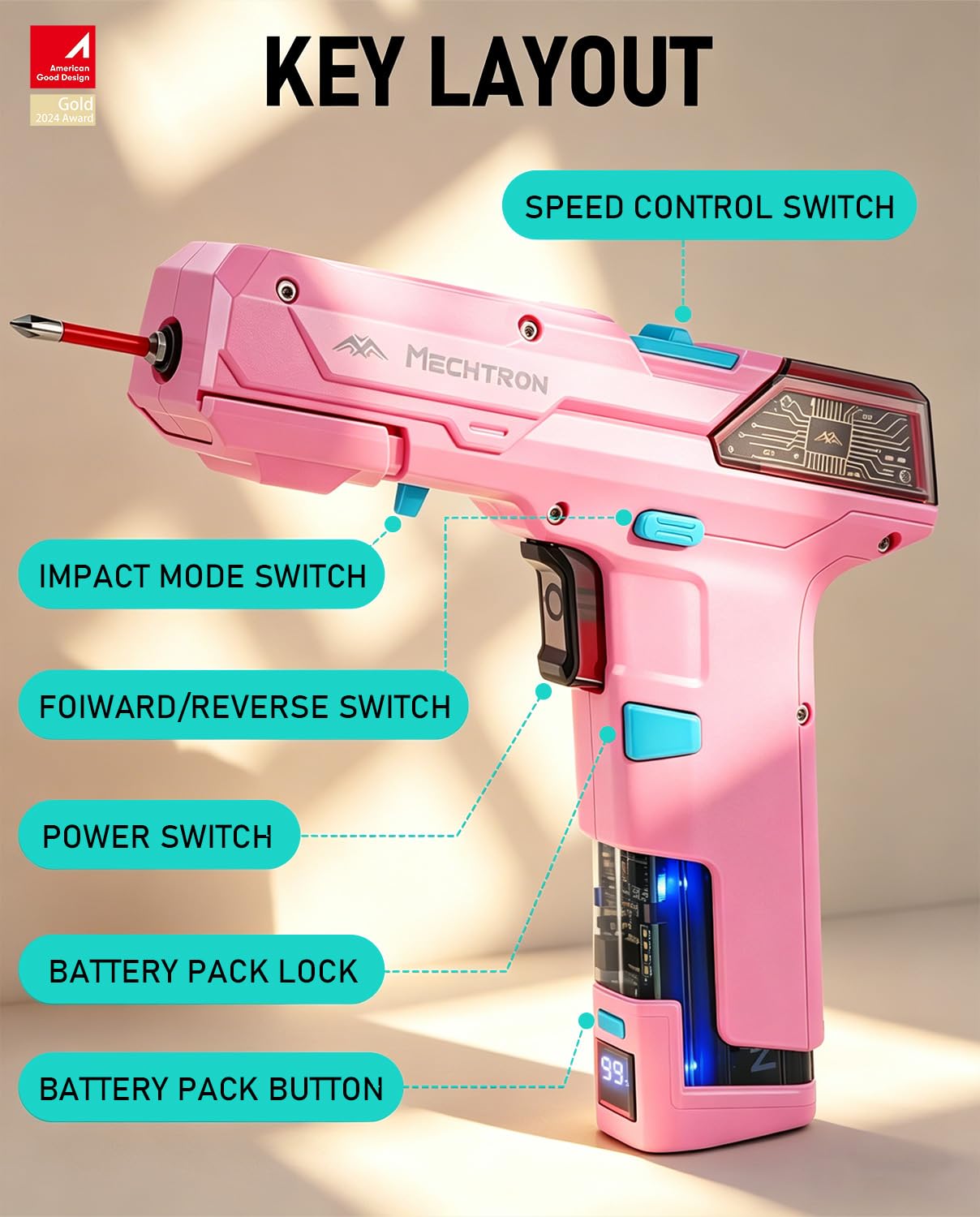 CIOURSTO Electric Screwdriver Cordless Drill with 2000mah Replaceable Battery and Charger Quickly USB-C, Max 15N.m, 2 Speed Adjustable, Power Drills for Furniture Assembly Disassembly (Pink)