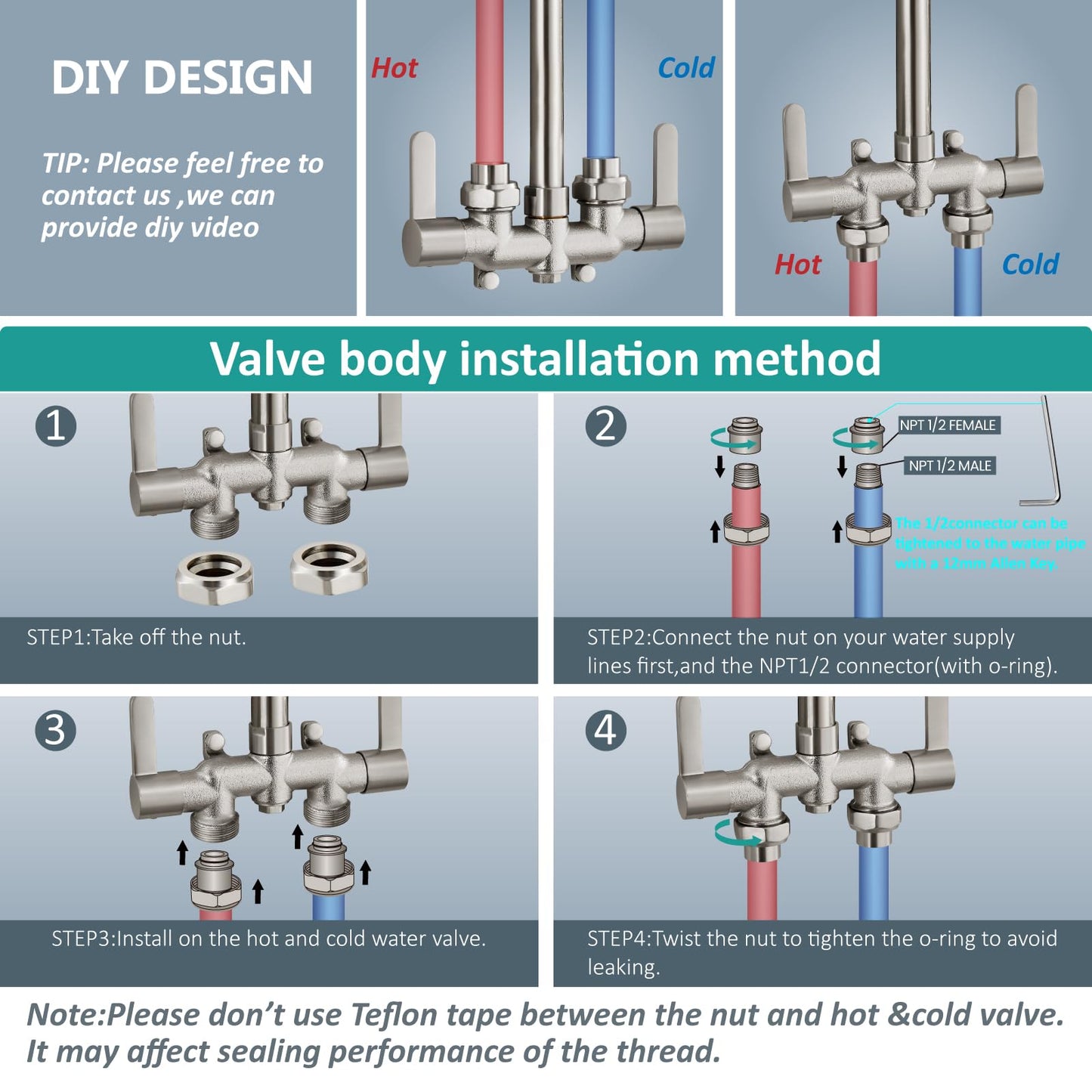 Aolemi Outdoor Shower Fixtures, 31" Exposed Shower System with Shower Head, 2-Handle Outdoor Shower Kit, 3 Inch Center Brass Mixing Valve, Brushed Nickel
