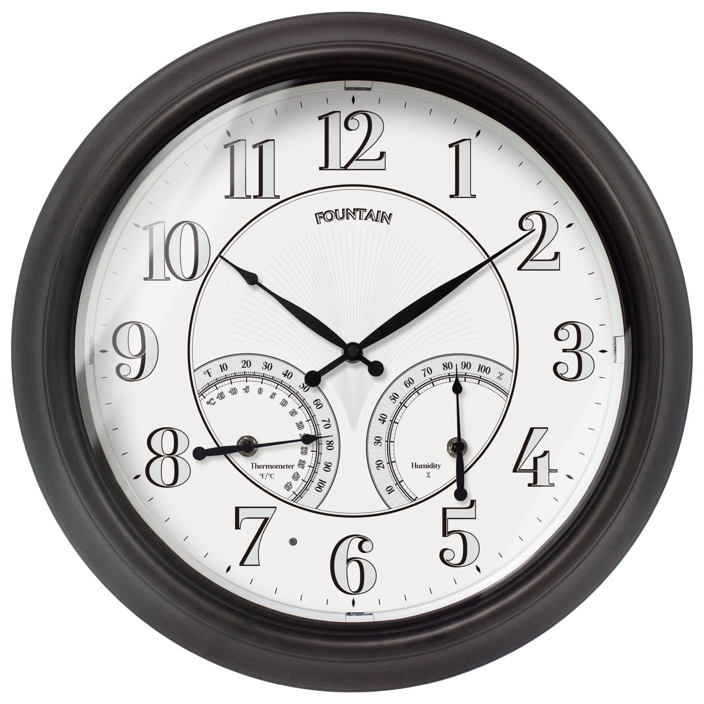 FOUNTAIN DESIGNS 18 Inch Illuminated in/Outdoor Clock with Smart Sensor and Night Light, Waterproof, Large Wall Clock with Thermometer & Hygrometer for Patio,Pool and Garden Decor,Oil Rubbed Bronze