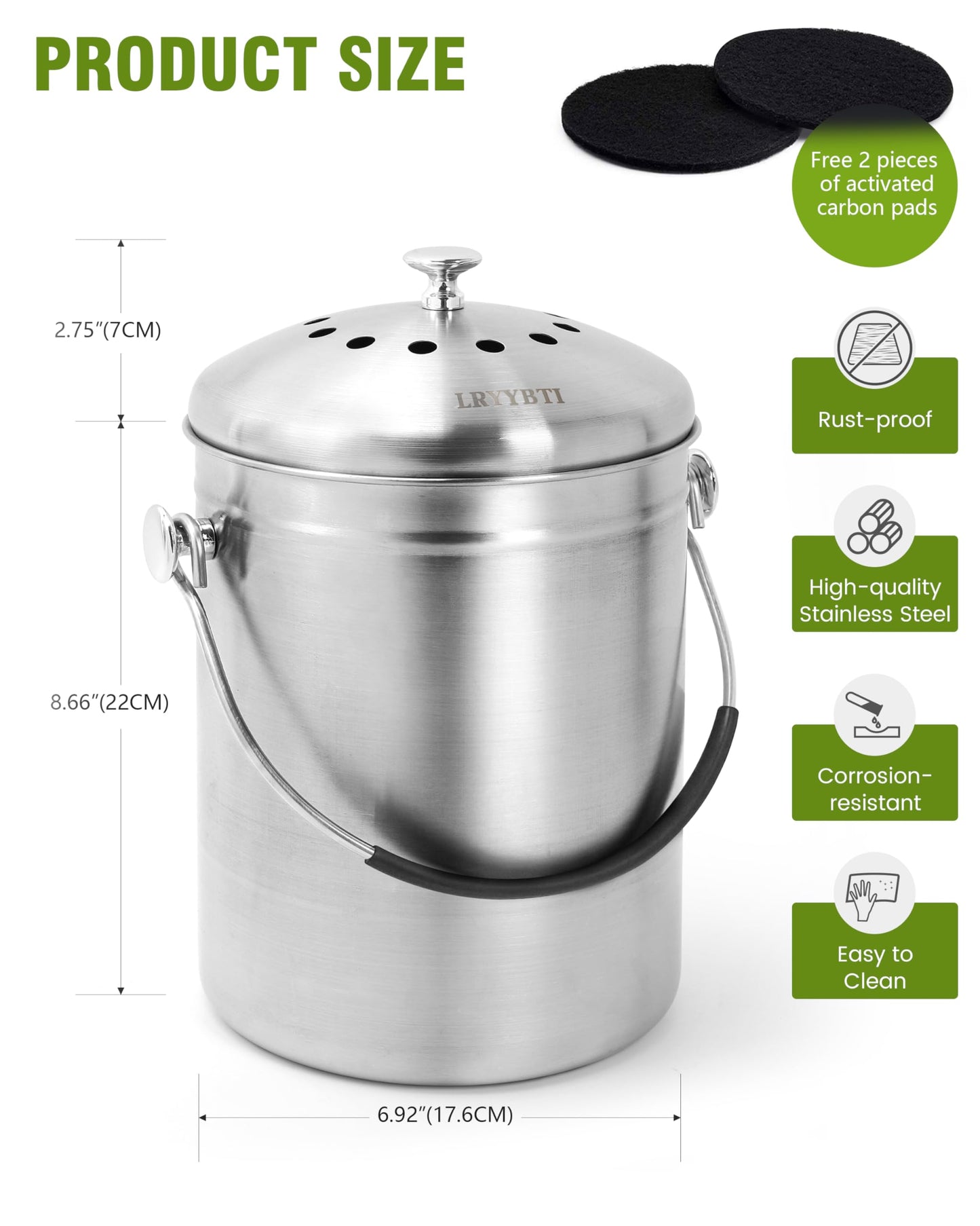 LRYYBTI Countertop Compost Bin Kitchen with Lid and 2 Charcoal Filter for Odorless Composting | Stainless Steel Kitchen Composter with Soft-Grip Handle (Silver, 1.3 Gallon)