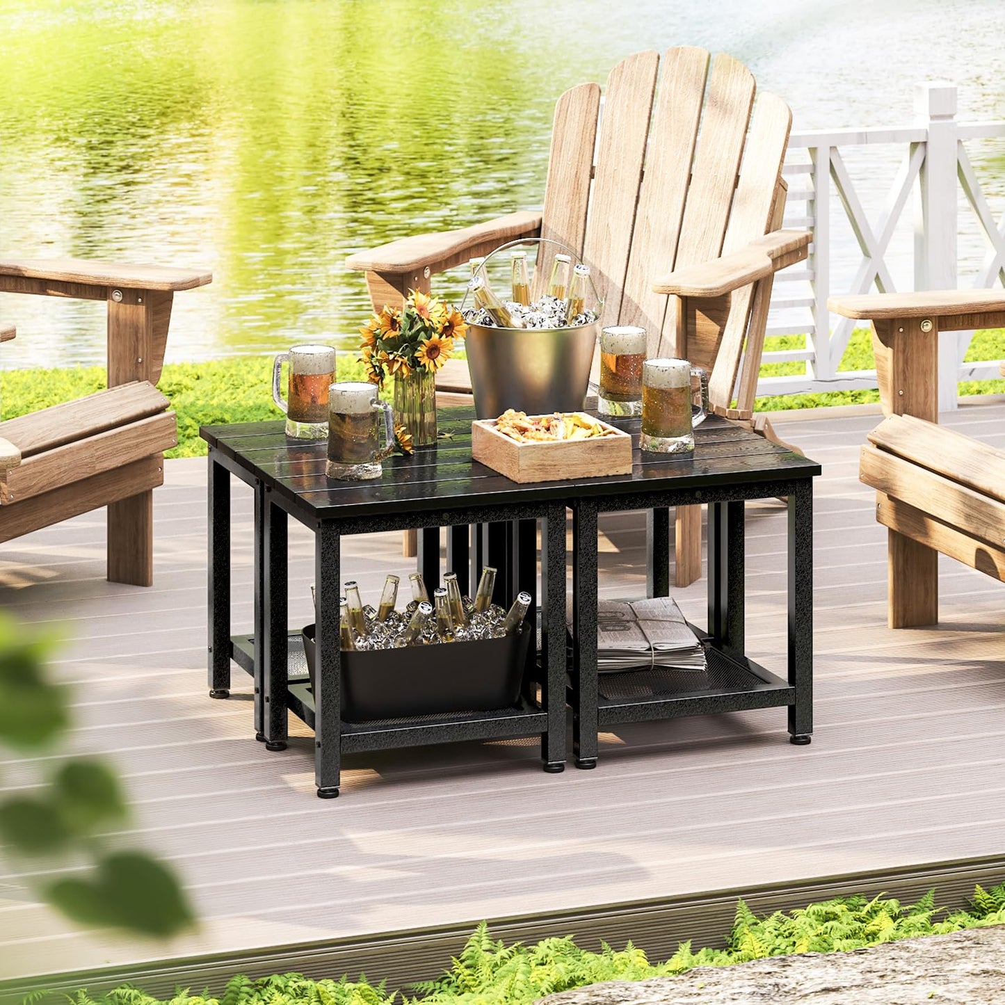 ODK Outdoor Double Side Table, Adirondack Patio End Table with Weather-Resistant Waterproof Top for Hot Tub Garden, Balcony, Poolside, Black