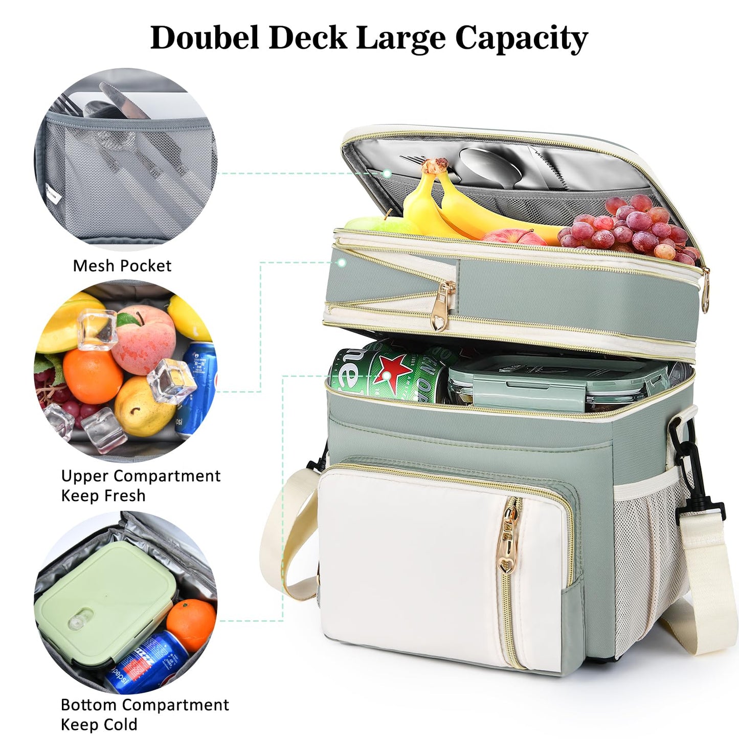 Lunch Box & Lunch Bag for Women Men, Expandable Large Insulated Adult Lunch Bag with Strap, Double Deck Leakproof Lunchbox Durable Cooler Bags for Work Picnic Beach,16L, Olive Green & White