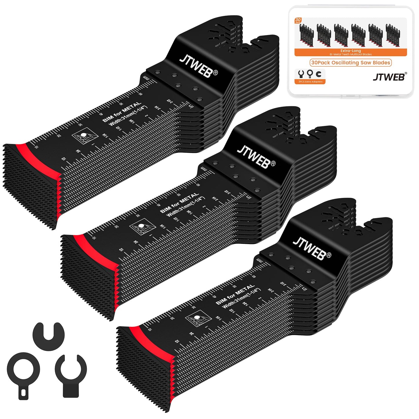 JTWEB Extra Long Oscillating Saw Blades - 30PCS Arc-Shaped Edge Bi-Metal Multitool Blades Precise Cut for Wood with Nails, Metal, Universal Quick Release Power Oscillating Tool Blades Kits