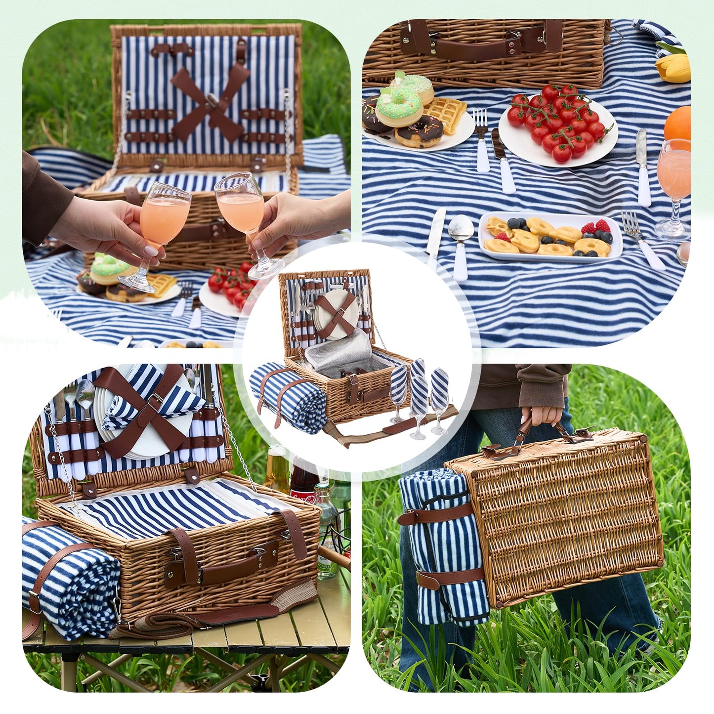 TOSTOOIRX Willow Picnic Basket Set for 4 with Large Insulated Bag and Waterproof Picnic Blanket, Wicker Picnic Hamper for Camping, Outdoor, Birthday, Valentine, Navy