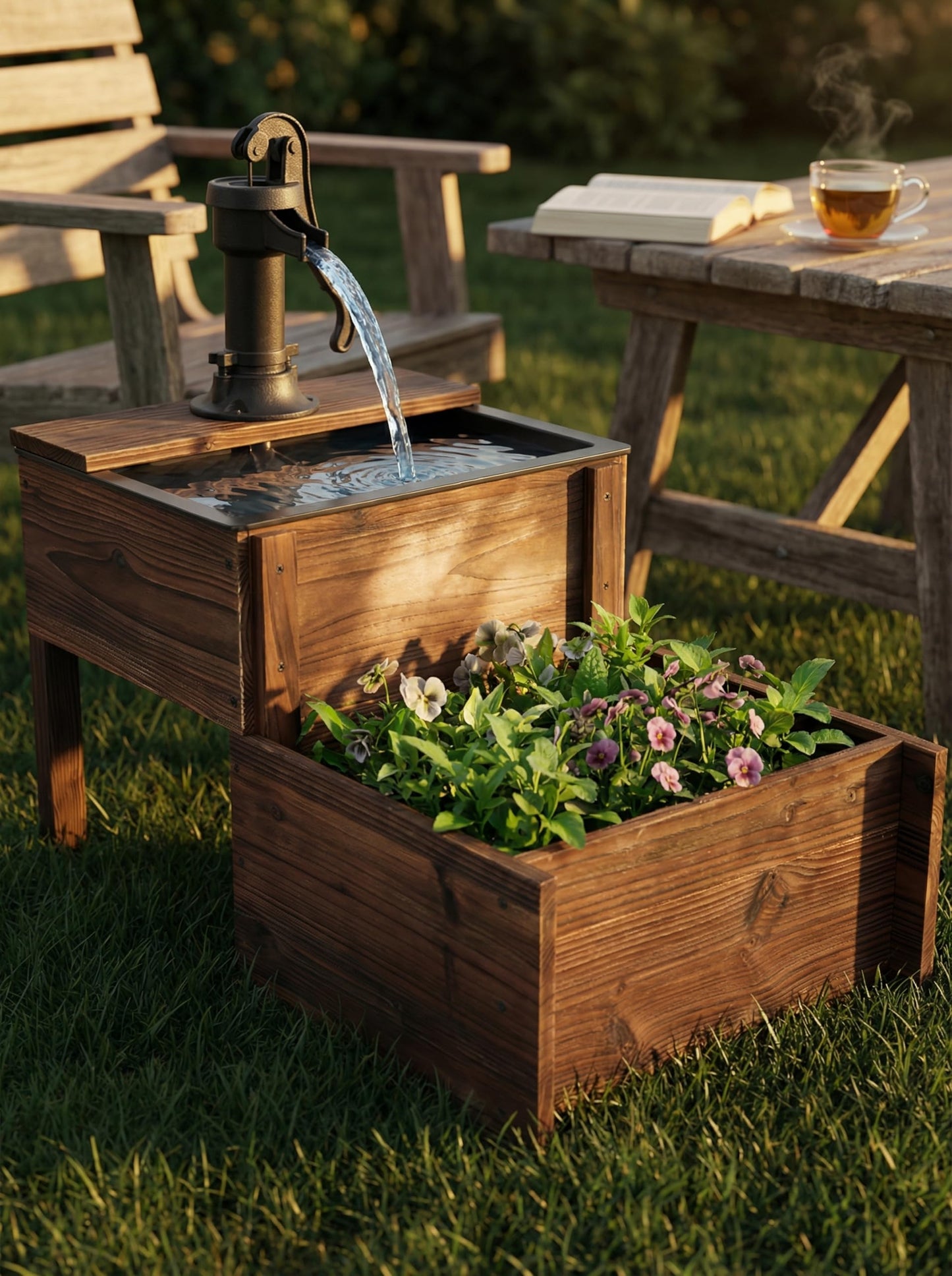 Borsynium,Outdoor Water Fountain,Floor Wooden Rectangular Double-Layer Old-Fashioned Pump Fountain with Flower Box,Plug-in Electric Decorative Hand Pump,Outdoor Water Feature for Garden Patio Backyard