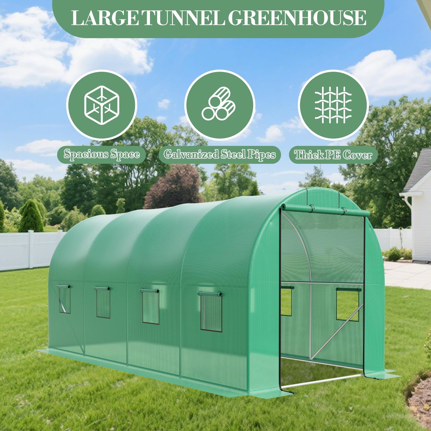 15x7x7 ft Walk-in Greenhouse for Outside - Heavy Duty Galvanized Steel Hoop House with PE Cover, 8 Windows & Roll-Up Door - Outdoor Plant Tunnel for Gardening, Vegetables & Year-Round Growing