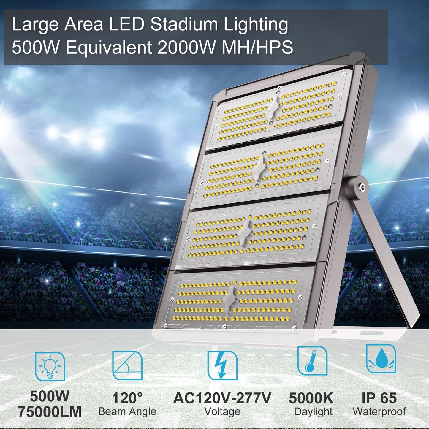 Upgrade 500W LED Flood Light Outdoor 75000Lm Led Stadium Light with Adjustable Bracket, IP65 AC100-277V Commercial Area Lighting with Plug for Backyard/Basketball Court-2Pack
