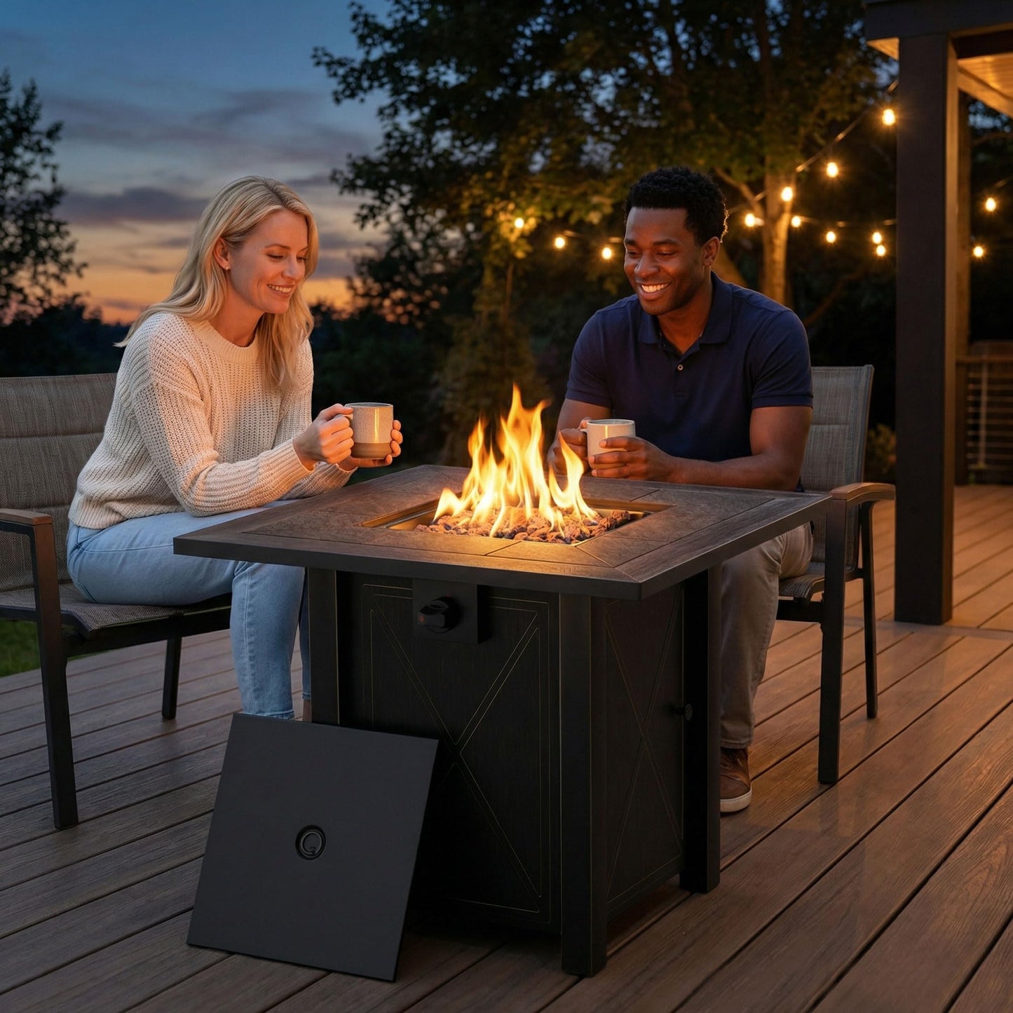 HOTEAGLE 30" Propane Fire Pit with Premium Ceramic Tabletop, 50000 BTU Powerful Gas Firepit Table - Includes Lid and Lava Rocks, Ideal Outdoor Fire Pit for Dining, Party in Patio, Garden, Yard