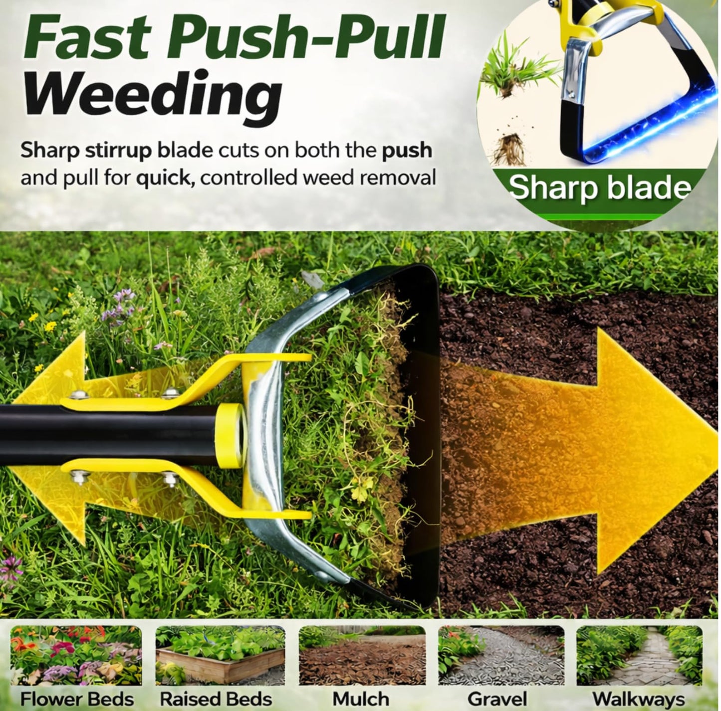 Garden Hoe For Weeding - Sharp Push Pull Blade,Stainless Steel Action Stirrup Hoe, 30-72inch Long Handle, Stainless Steel Scuffle Hoe For Outdoor Flower Beds, Yard, Mulch, Gravel,Raised Beds