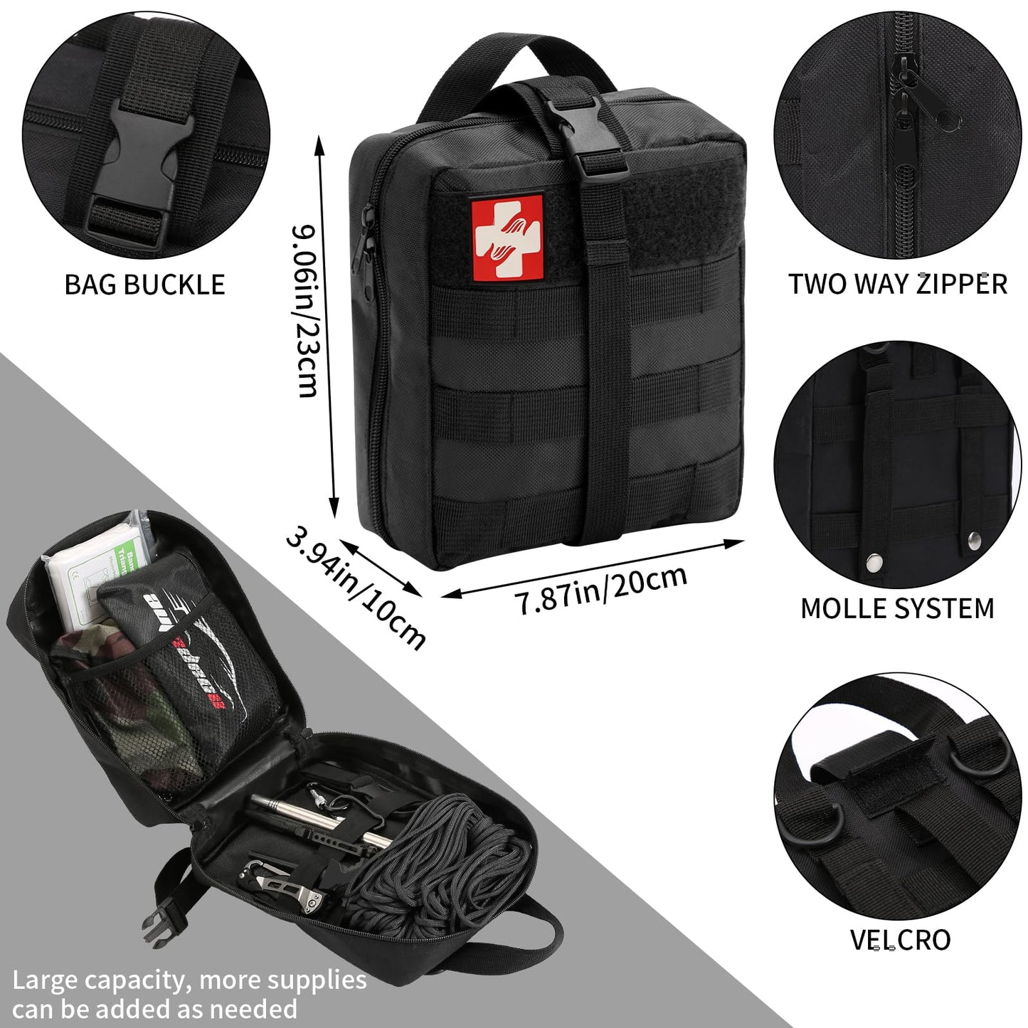 GPUSFAK 145 Pieces Emergency Survival Camping Kit, Molle First Aid Kit with Splint for Trauma Wound Care Blow Out for Outdoor Tornado Preparedness Kit, Black