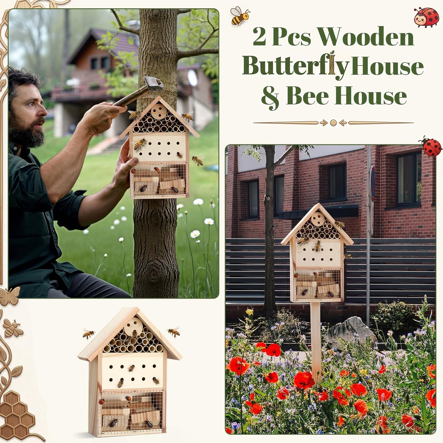 Ferrochef 2 Pcs Wooden Bee House Hanging Insect Hotel for Ladybug, Mason Bee, Bugs Natural Insect Habitat on The Ground or Hanging on The Tree for Garden, 9.8 x 7.8 x 2.95 Inch