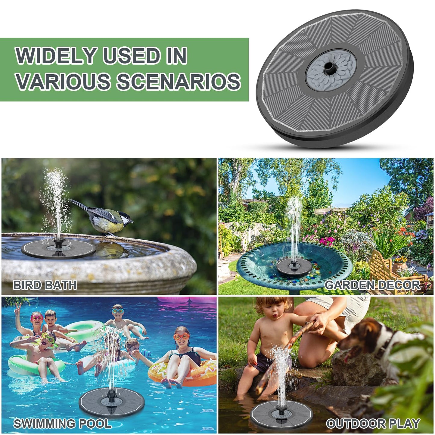 Yzert Solar Fountain for Bird Bath Direct Sunlight High Efficiency 3.5W Glass Panel Solar Water Fountain Outdoor Garden Flower (Black)
