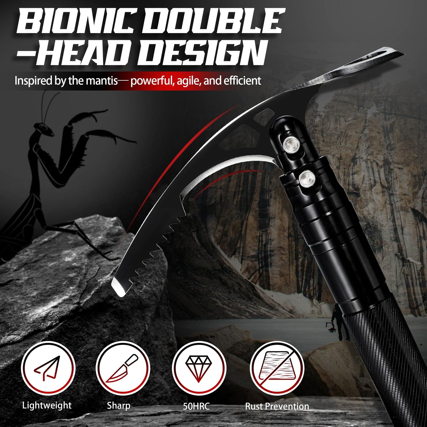 FUSIONKEI Pick Axe 8 in 1, Folding Pickaxe Mattock with Multi-purpose Garden Hoe and Survival Knife, Stainless Steel Pick Axes for Digging, Ice Chipping and Weeding