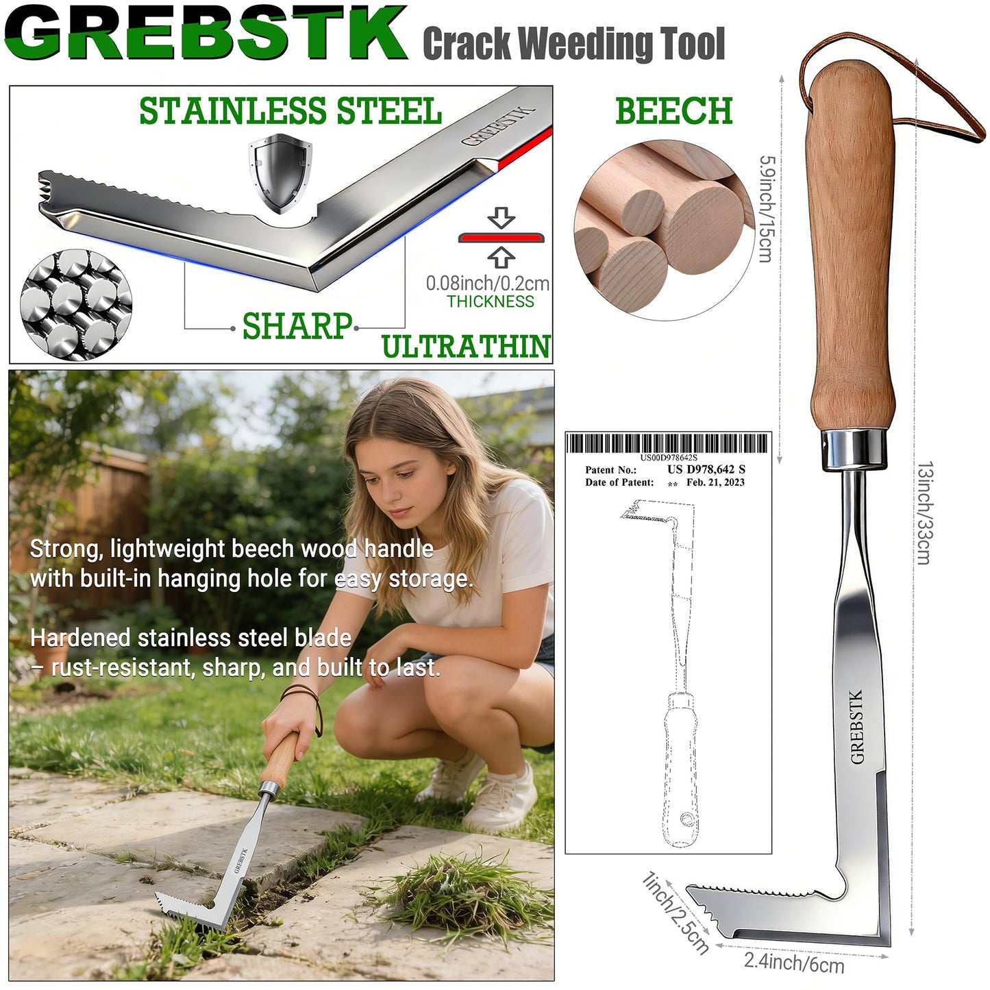 GREBSTK Crack Weeder Crevice Weeding Tool Stainless Steel Manual Weeder Gardening Tool