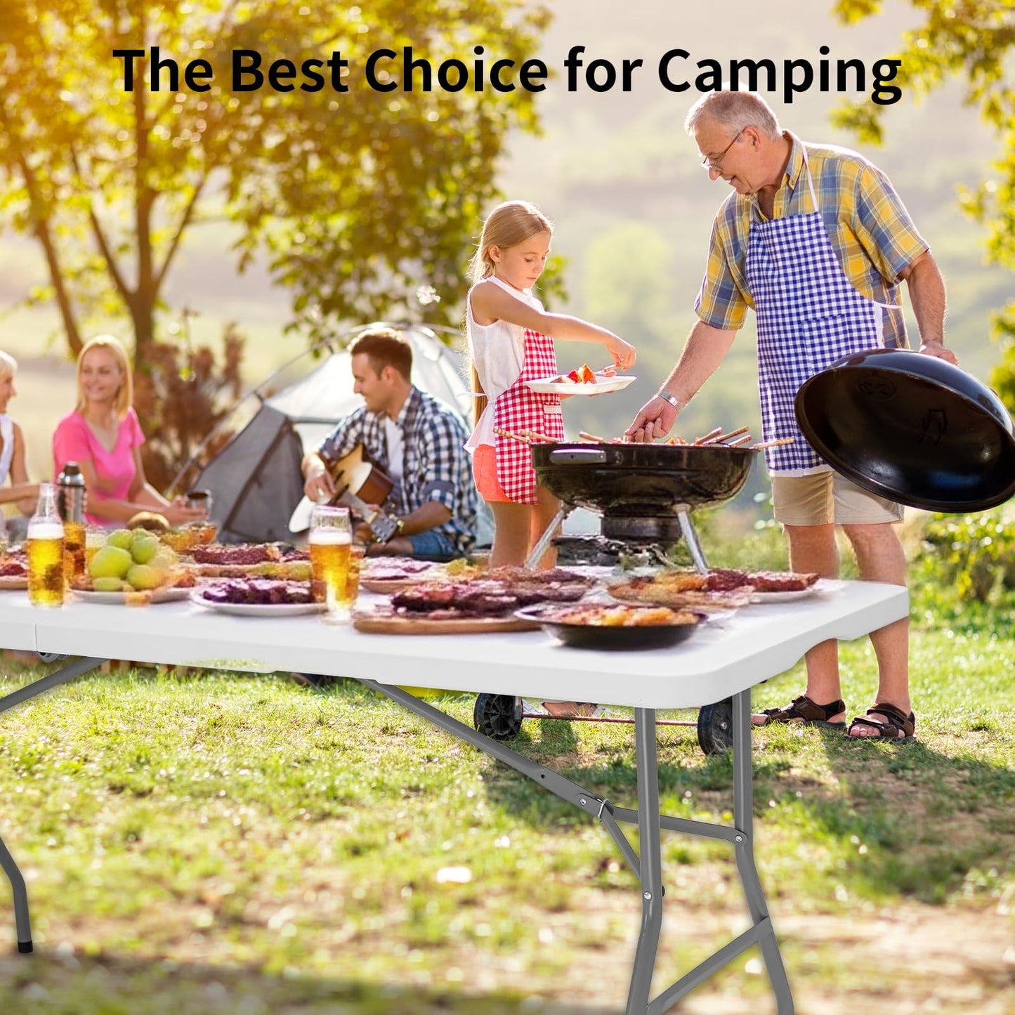 CHRONELLE 6FT Folding Camping Table Portable 350lbs, 6 Foot Folding Picnic Card Table for Outdoor, Plastic Rectangular Dining Work Tables for Indoor, Heavy Duty Fold-in-Half Tray Tables, 71x29 inch