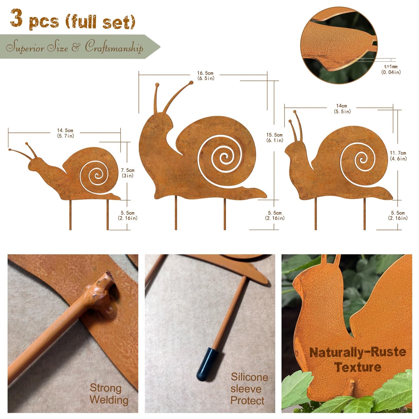 OUUJUOZ 3pcs Metal Yard Art,Snail Garden Decor, Outside Lawn Ornaments Porch Backyard Sculpture, Patio Lawn Garden Yard Decorations