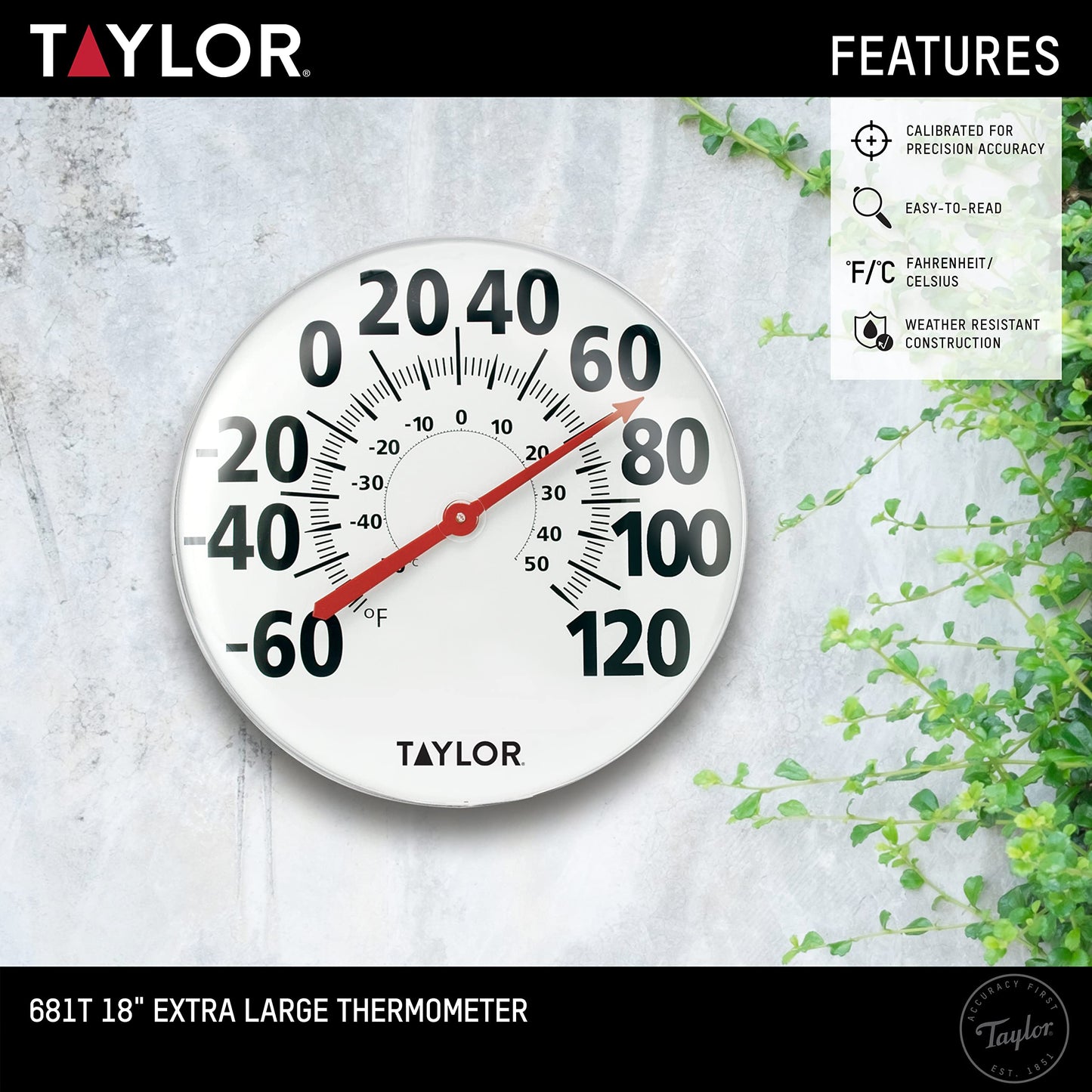 Taylor Extra Large Metal Wall Indoor Outdoor Thermometer, Easy to Read Numbers for Patio, Pool, and Indoor Areas, 18 inch, White