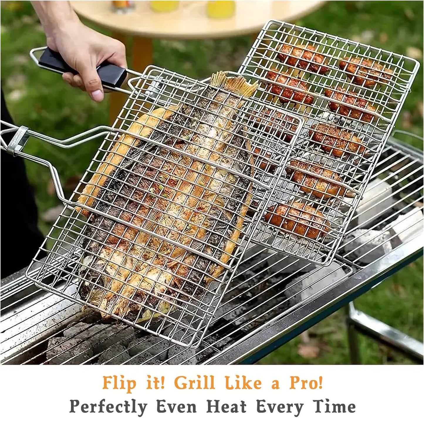 BBQ Fish Grill Basket with Basting Brush – 20.5"x13.5" Lockable Nonstick Grilling Basket with Beech Wood Handle, Chrome-Plated Carbon Steel Mesh for Fish, Meat, Vegetables