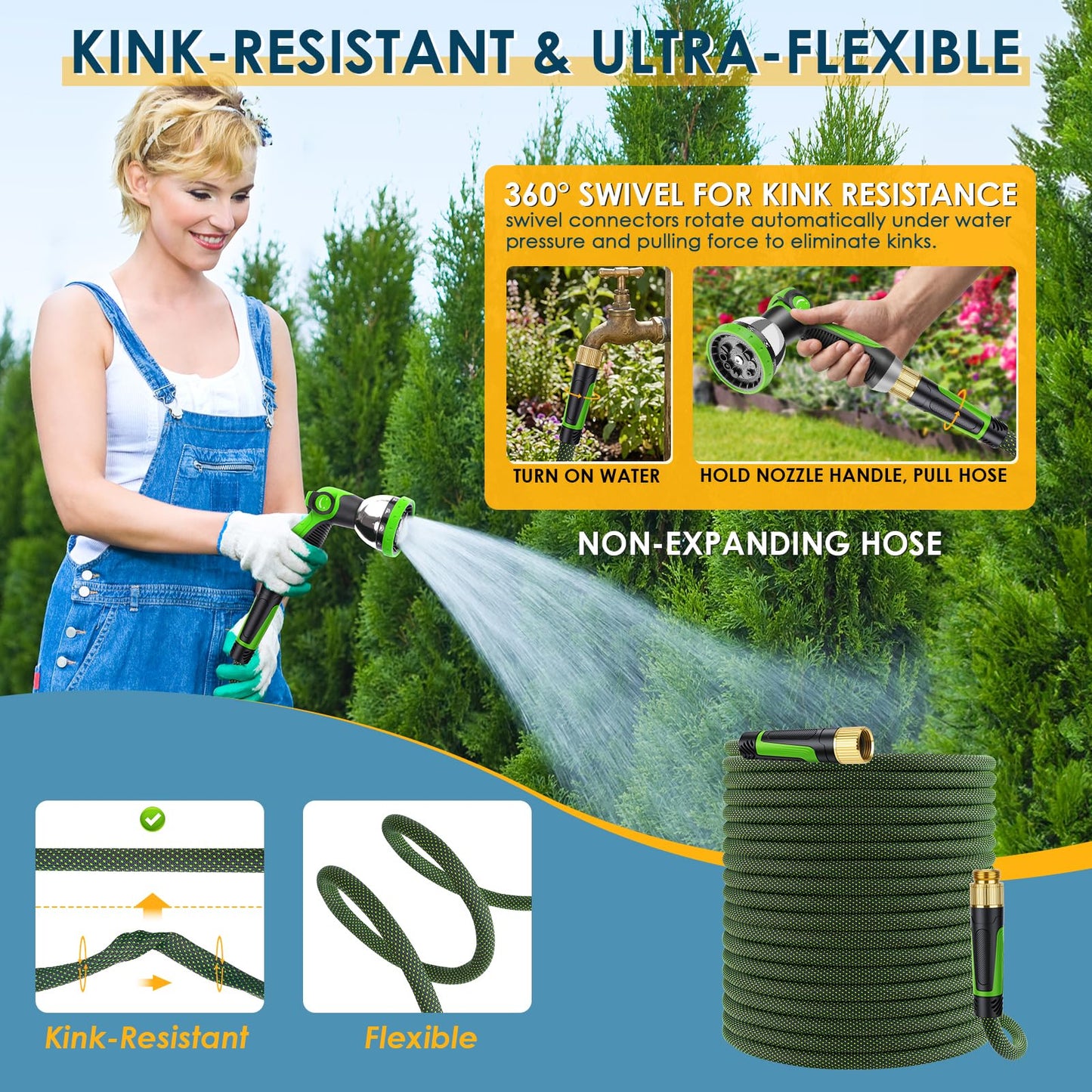 FLOERXIS Non-Expandable Garden Hose 100 FT, Lightweight Hose with 10 Function Spray Nozzle, Kink-Free Flexible Water Hose, Durable, Leak-Proof, 360° Swivel Connectors, Portable Storage Strap