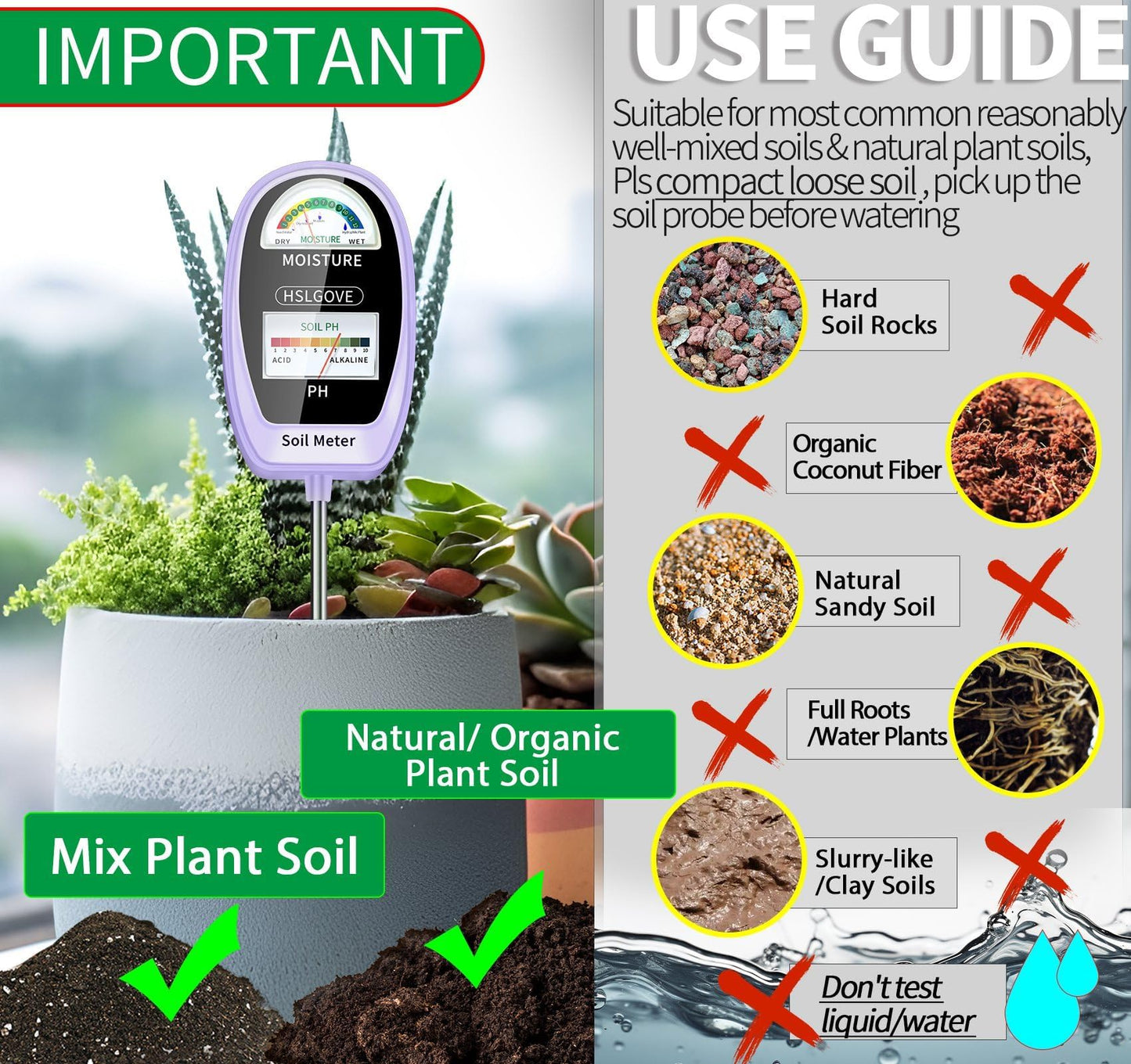 HSLGOVE Soil Test Kit, 2-in-1 Soil Moisture Meter/Soil PH Meter, Dual Screen Soil Tester, Soil Moisture Meter for Plants Watering/Gardening for Lawn,Farm Indoor&Outdoor Use-Purple