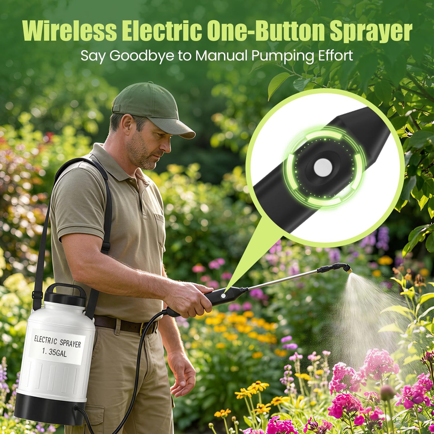 Battery Powered Electric Sprayer 1.35 Gallon Garden Pump Sprayer, Retractable Wand, 3 Mist Nozzles, USB Rechargeable Handle & Adjustable Shoulder Strap for Yard Lawn Planting