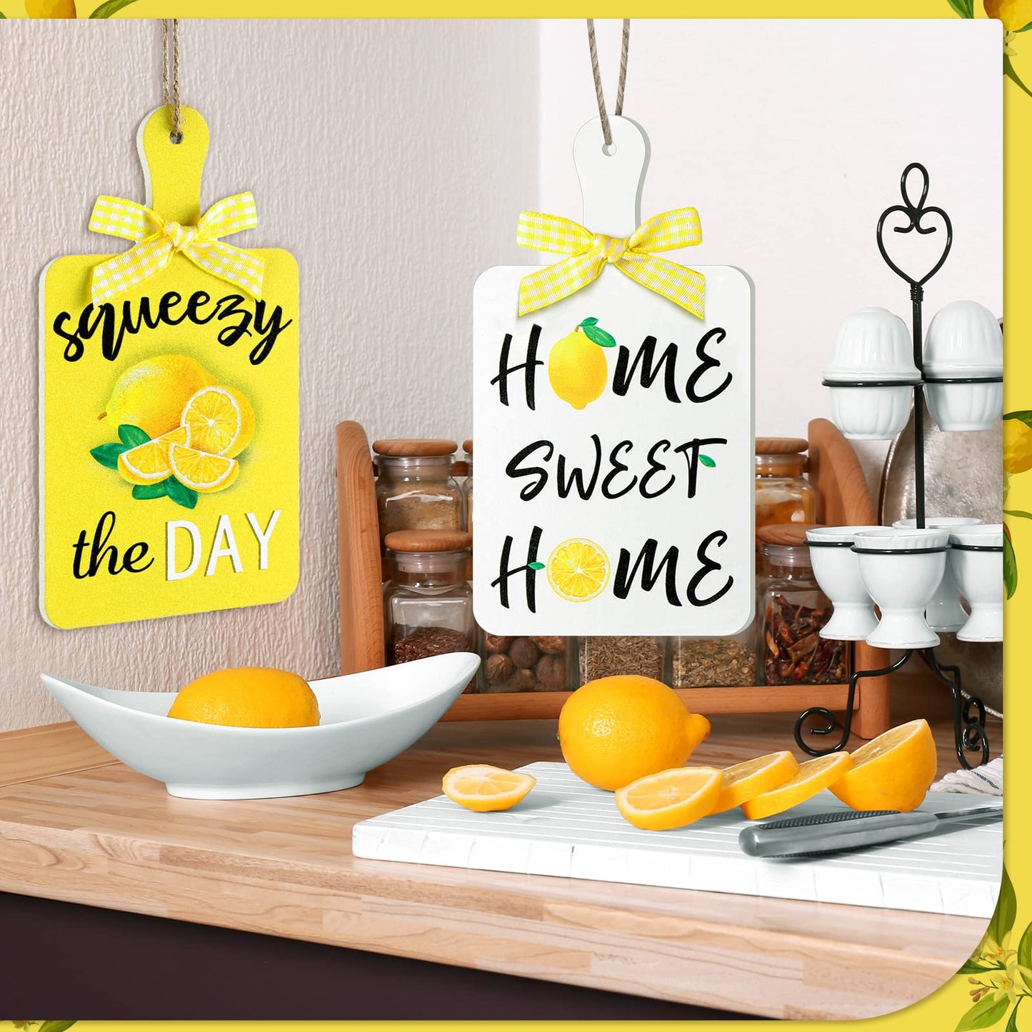 Yookeer 3 Pieces Wooden Hanging Signs Wall Decor Farmhouse Wood Hanging Signs for Home Kitchen(Lemon)