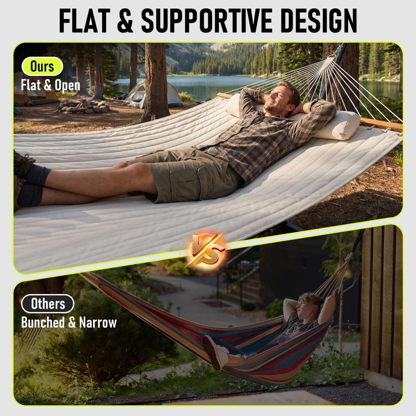 FULIYE Double Hammock with Stand for Outdoor,2 Person Heavy Duty Portable Hammock with Adjustable Steel Stand and Balance Ropes Included – for Patio, Backyard, Garden, Beach((Beige)