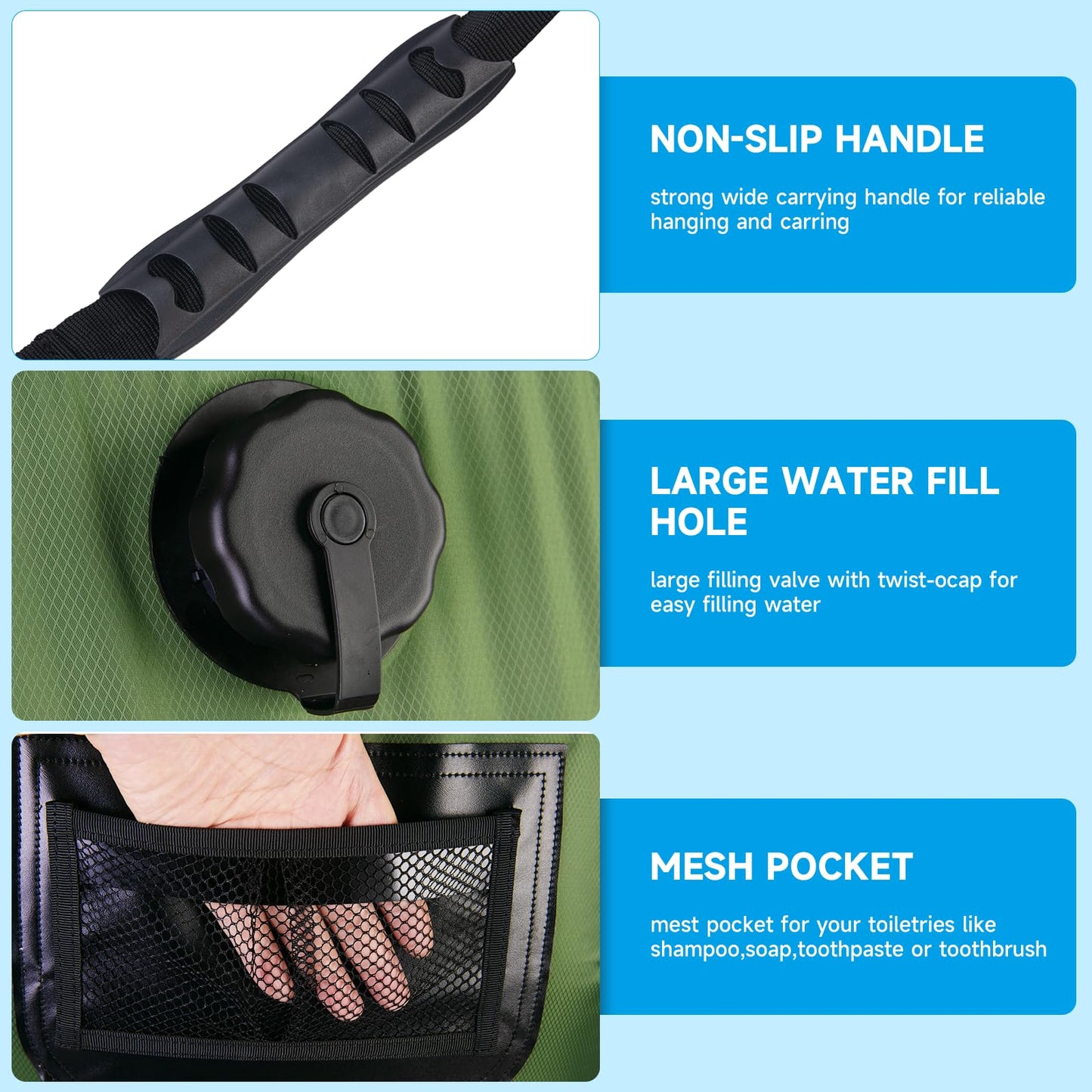 FENSAN Solar Portable Shower Bag, 5 Gal/20L Solar Heating Outdoor Camping Shower Bag with On-Off Switchable Shower Head&Removable Hose Suitable for Camping, Hiking, Travel, Beach Swimming